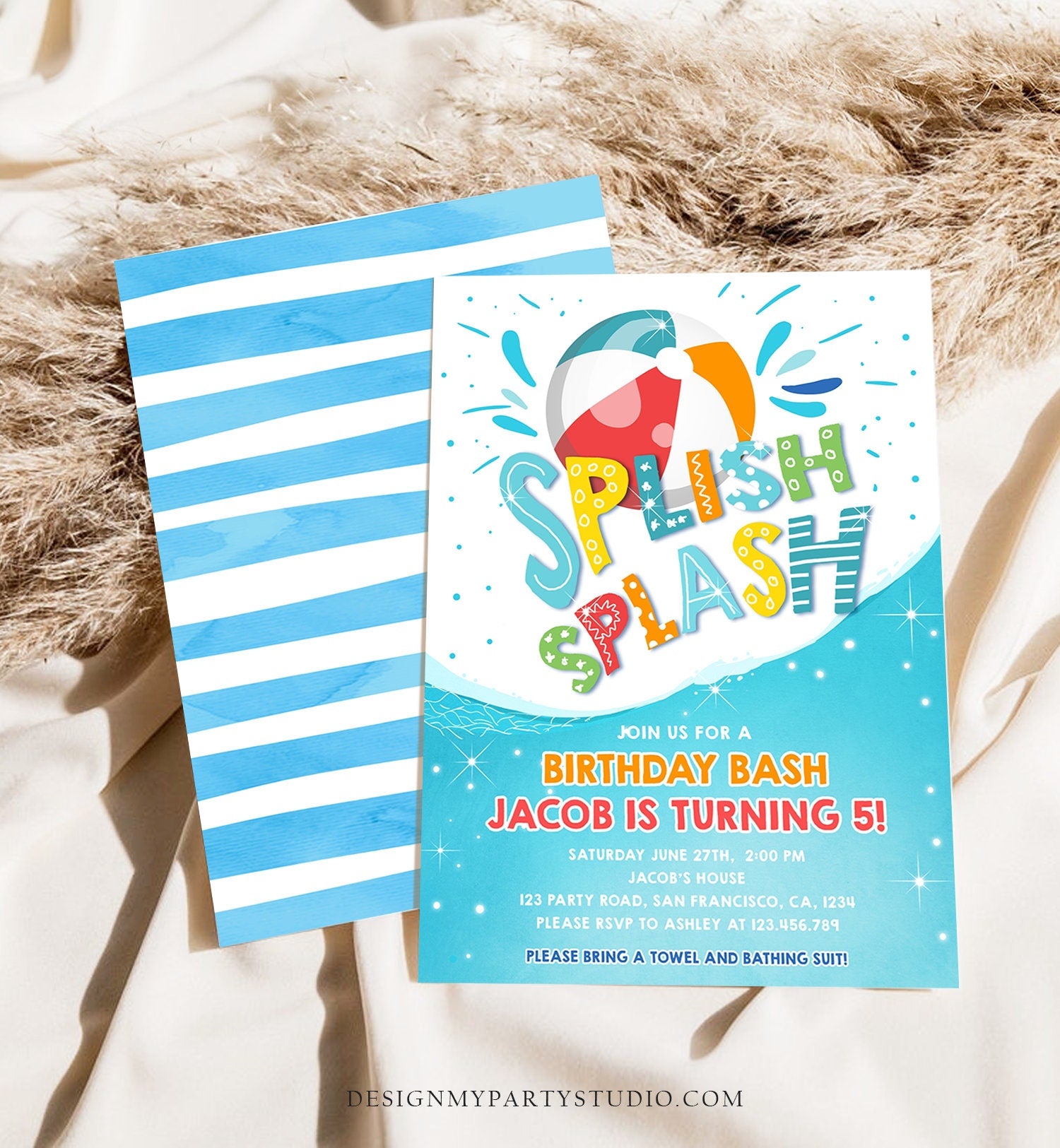 Editable Splish Splash Birthday Invitation Pool Party Boy Beach Ball Blue Green Birthday Bash Digital Download Template Printable 0169