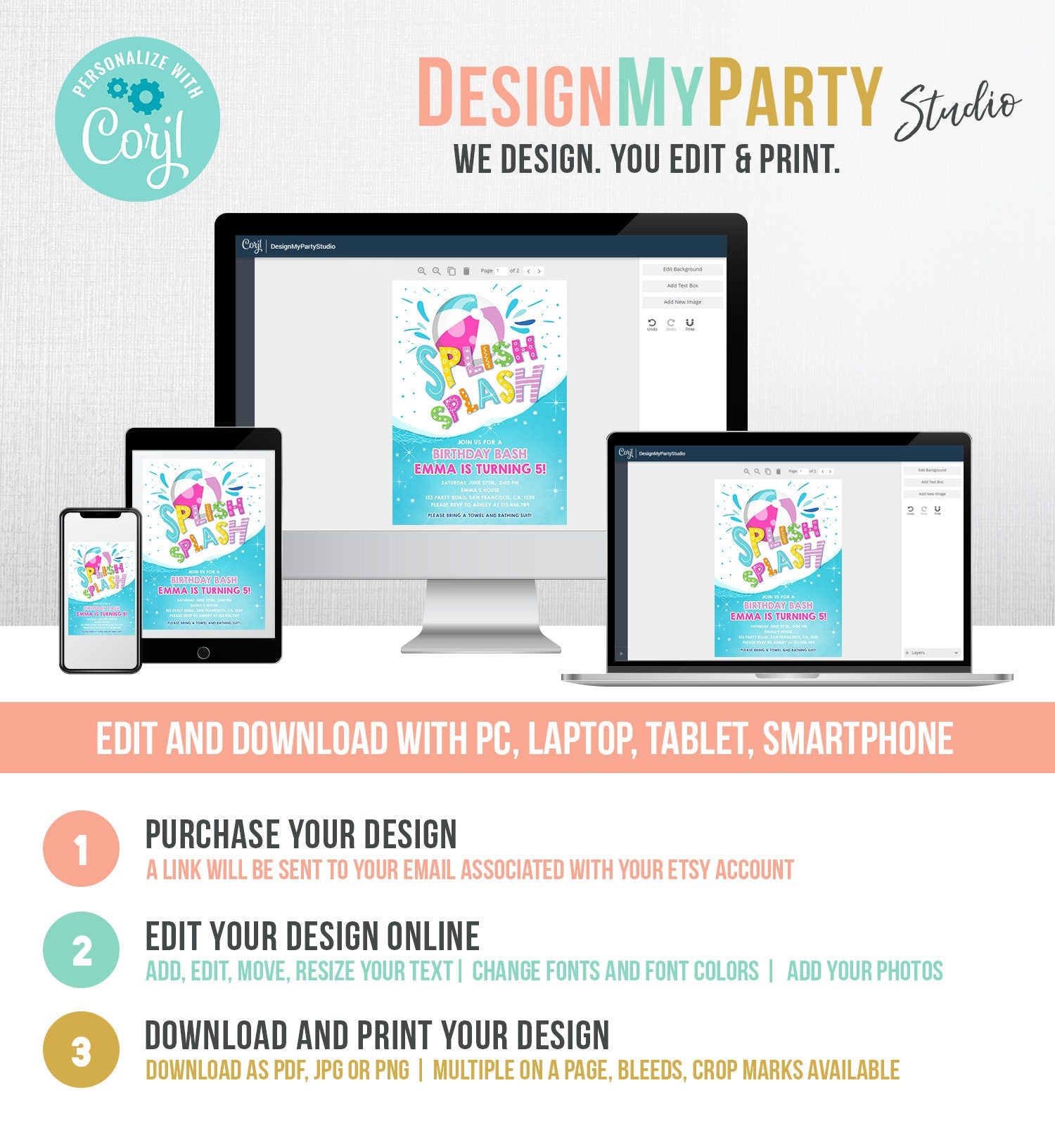 Editable Splish Splash Birthday Invitation Pool Party Boy Beach Ball Blue Green Birthday Bash Digital Download Evite Template Printable 0169