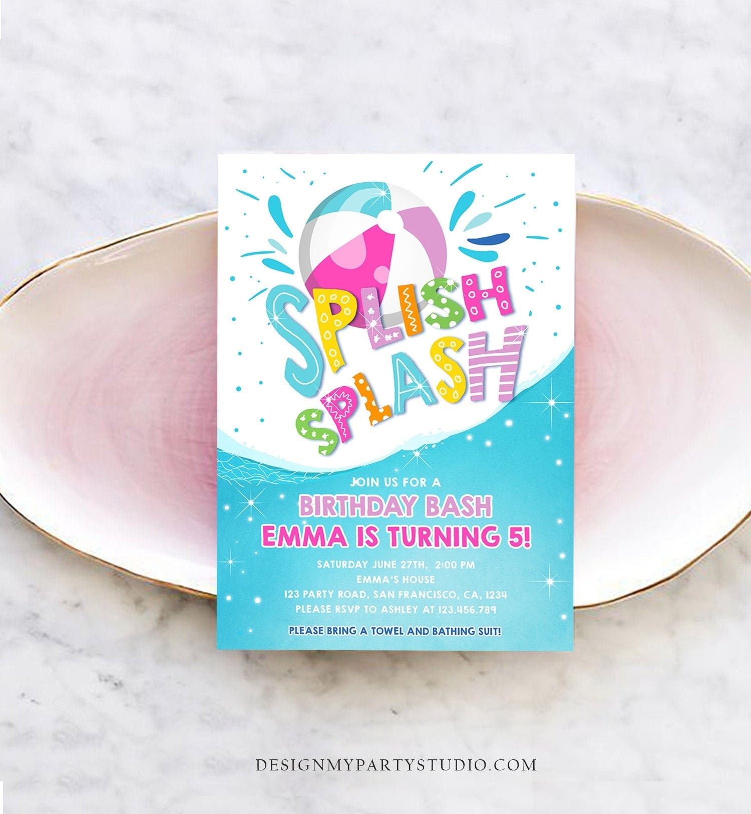 Editable Splish Splash Birthday Invitation Pool Party Boy Beach Ball Blue Green Birthday Bash Digital Download Evite Template Printable 0169