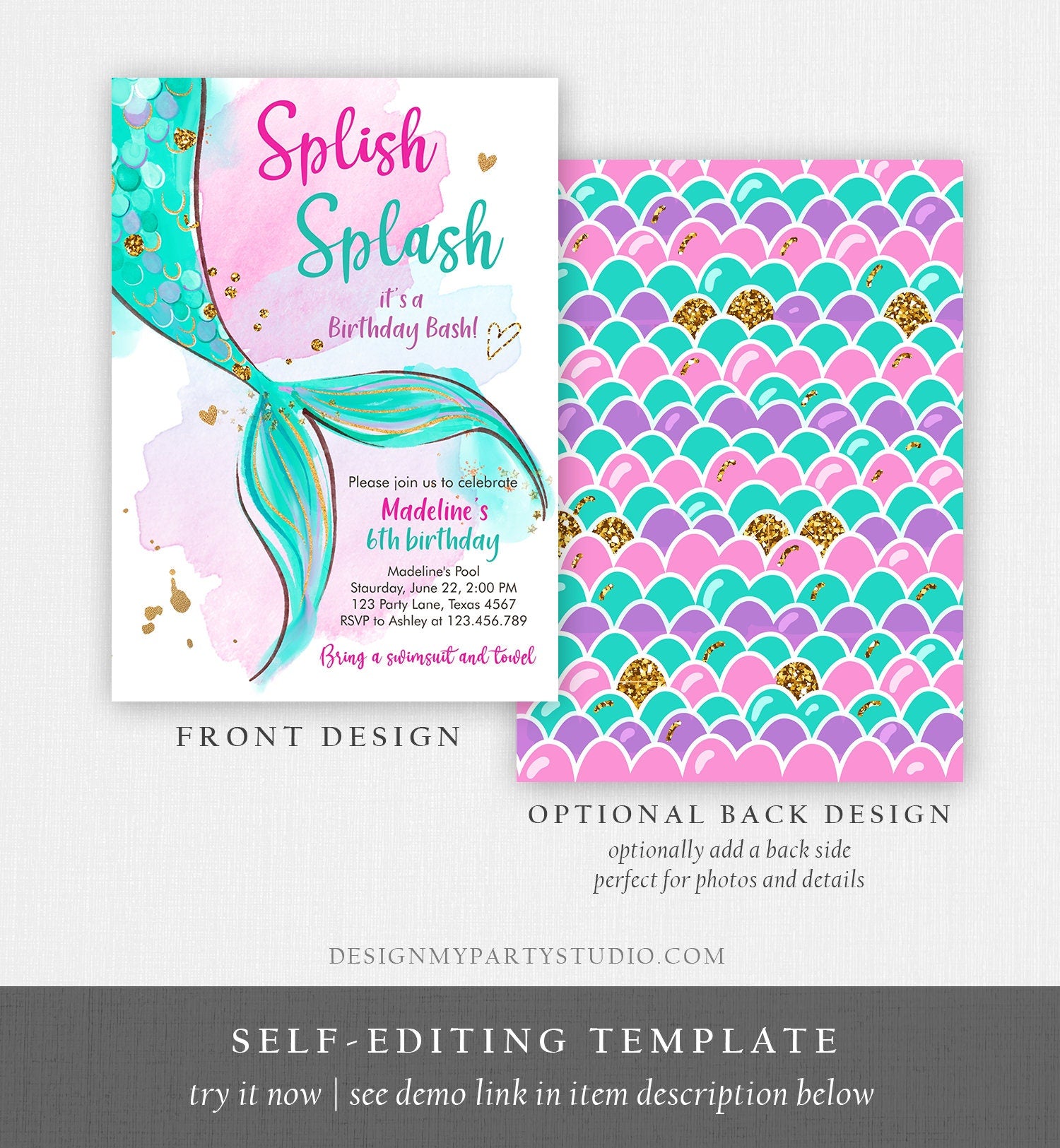 Editable Mermaid Birthday Party Invitation Girl Pool Party Pink Gold Mermaid Birthday Under The Sea Digital Download Template Printable 0403