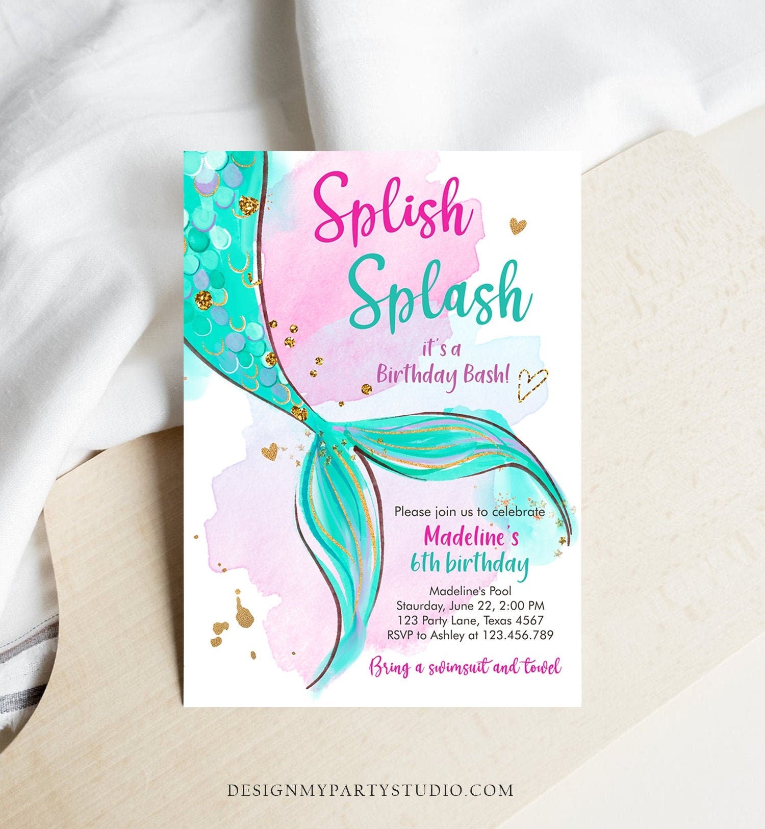 Editable Mermaid Birthday Party Invitation Girl Pool Party Pink Gold Mermaid Birthday Under The Sea Digital Download Template Printable 0403