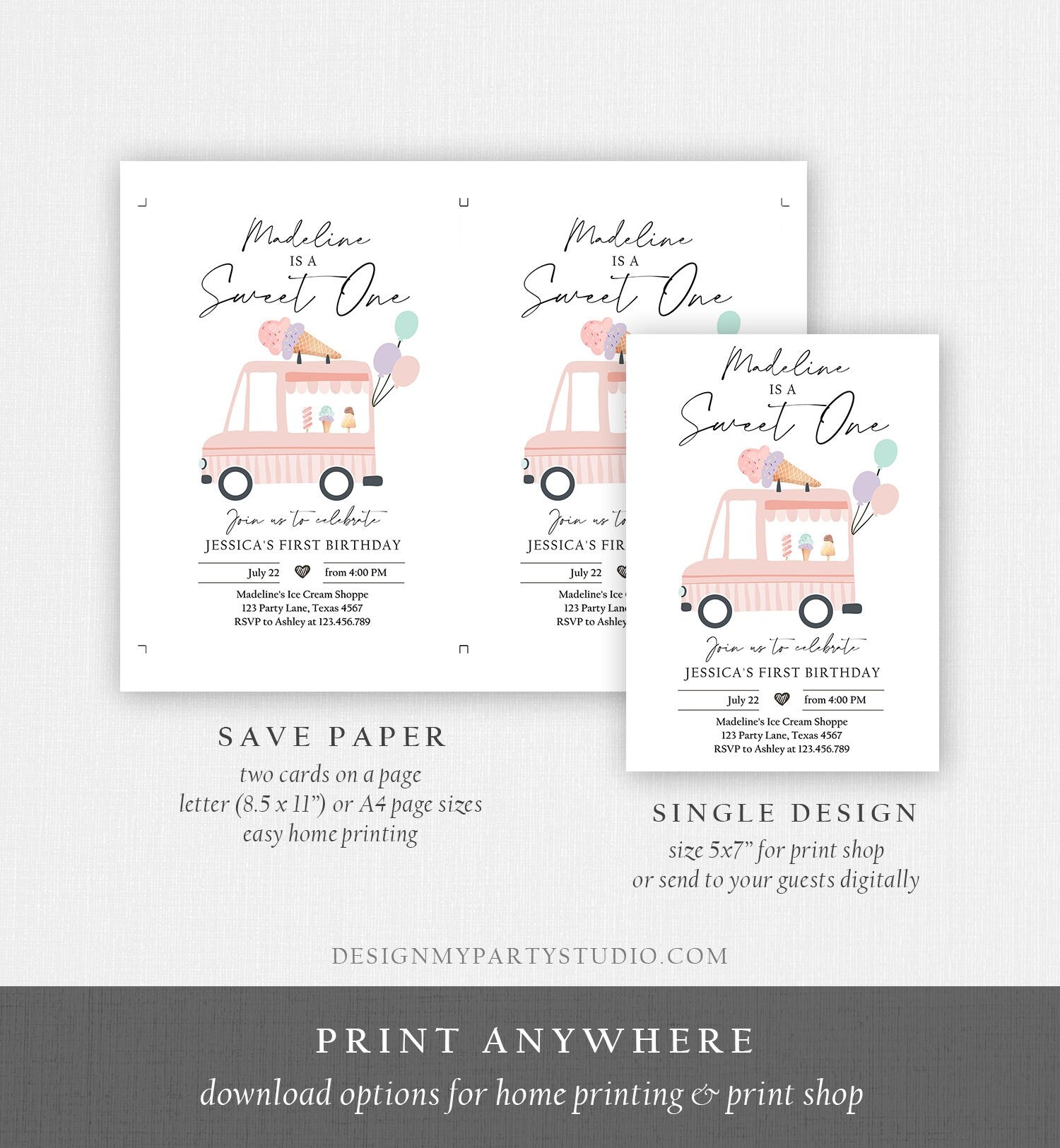 Editable Ice Cream Truck Birthday Invitation Ice Cream Sweet One Modern 1st Birthday Party First Download Printable Template Corjl 0415