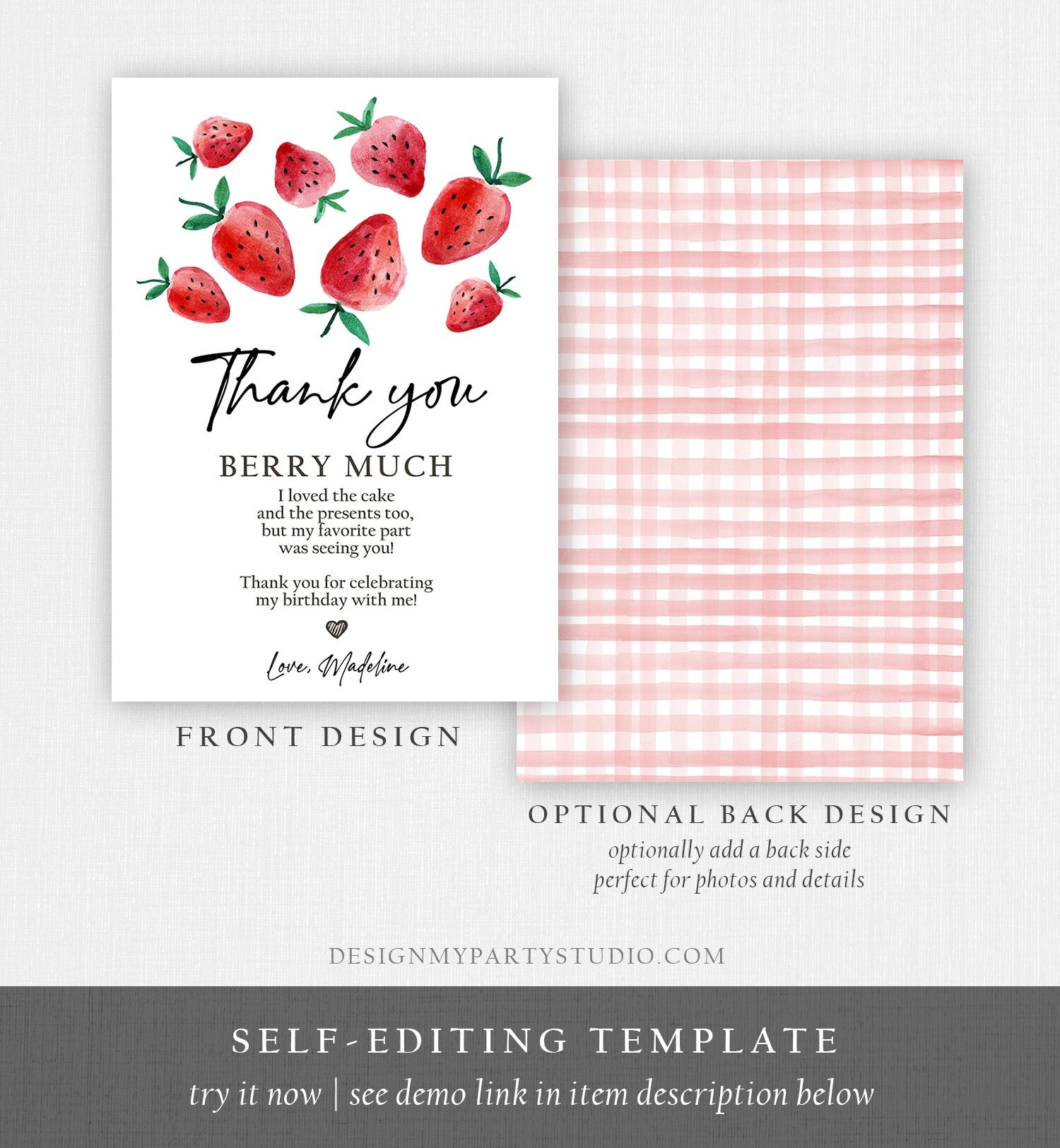 Editable Strawberry Thank You Card Strawberry Birthday First Berry Much Farmers Market Strawberries Digital Download Template Printable 0399