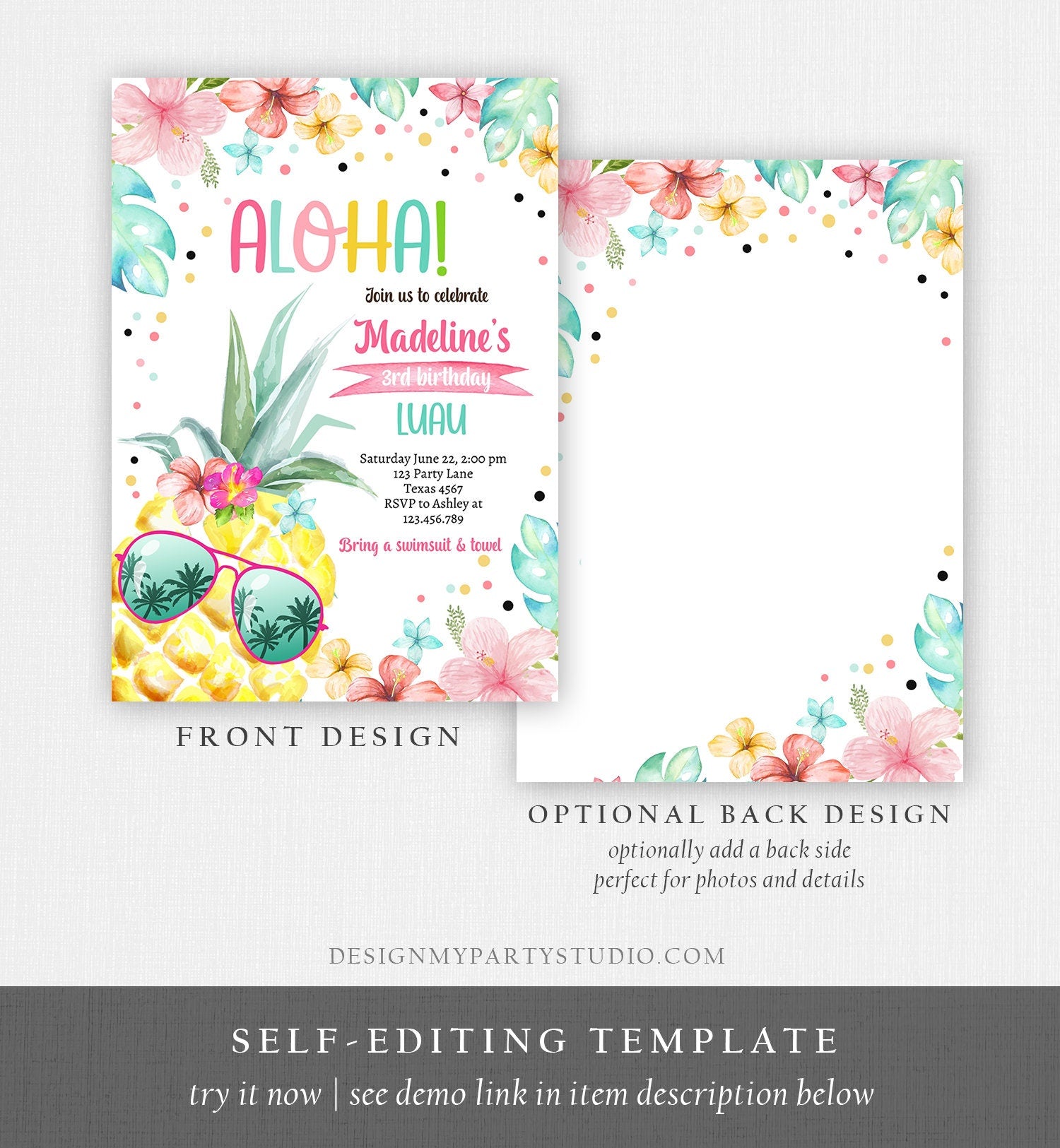 Editable Hawaiian Luau Birthday Invitation Pineapple Birthday Party Pool Party Pineapple Pink Girl Download Corjl Template Printable 0391