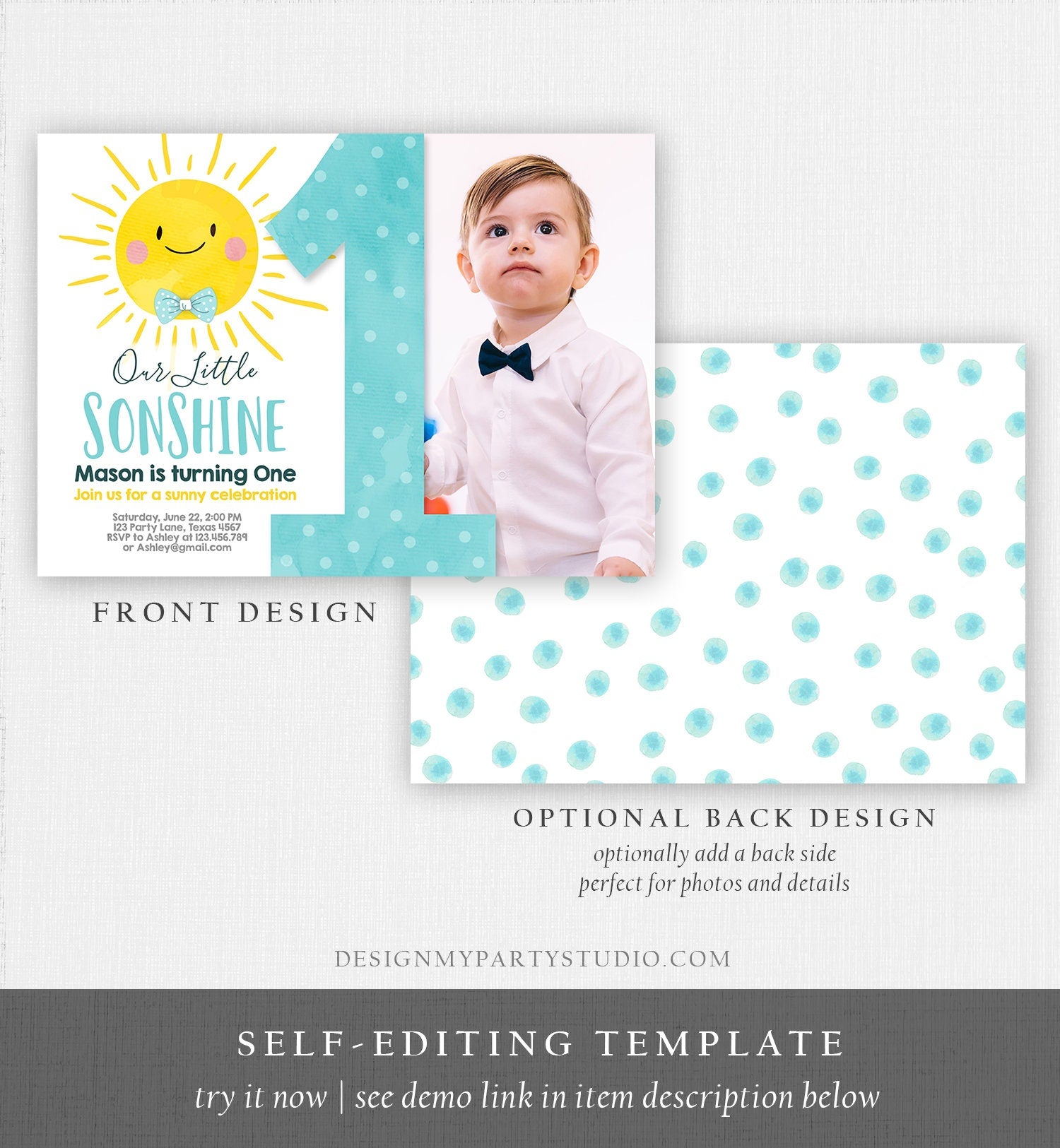 Editable Our Little Sonshine Birthday Invitation Summer Sunshine Party Blue Boy Summer First Birthday Download Evite Template Printable 0141