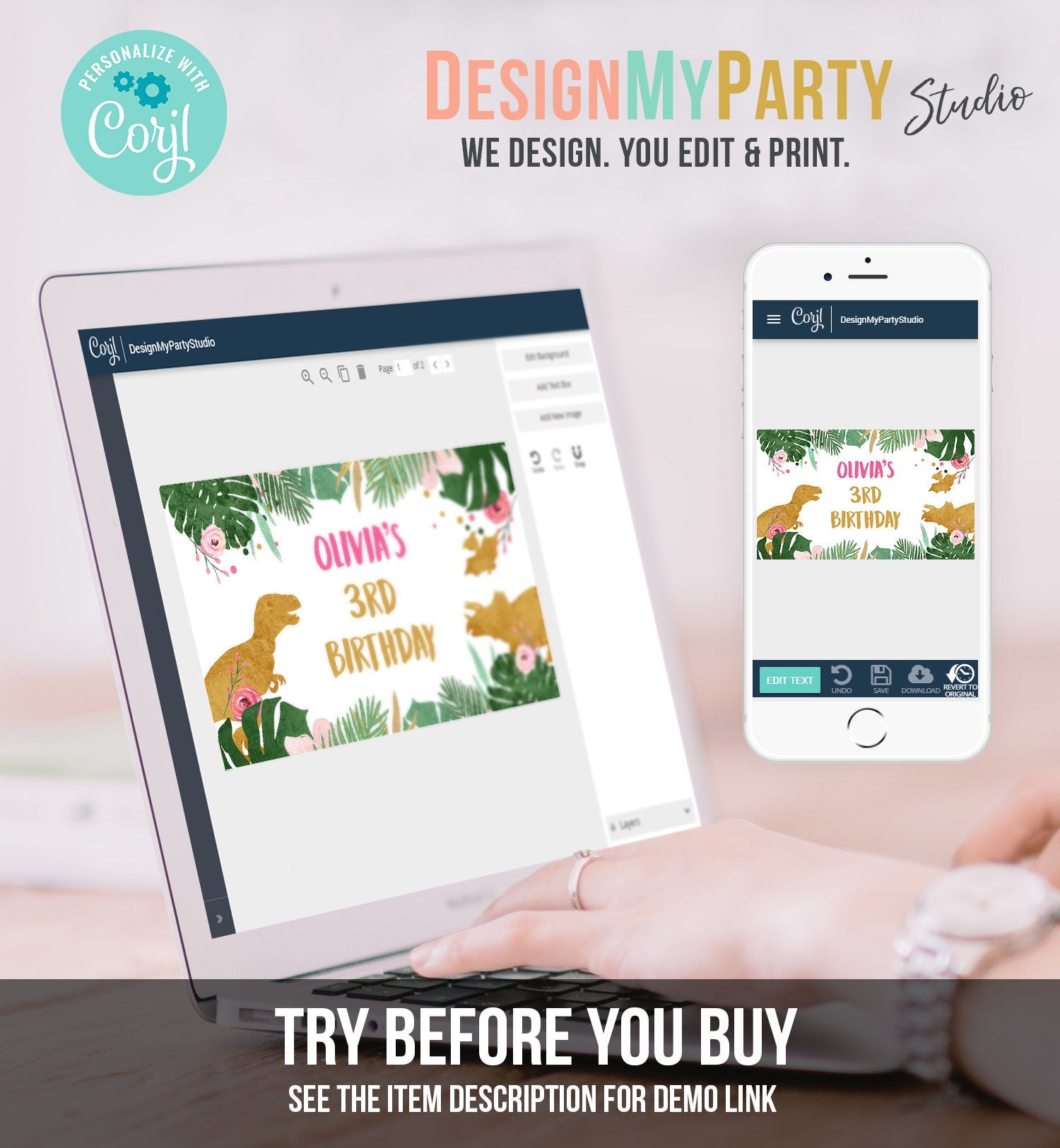 Editable Dinosaur Birthday Backdrop Banner Girl Pink Prehistoric Dino Party Welcome Sign Decor Digital Download Template Printable 0146