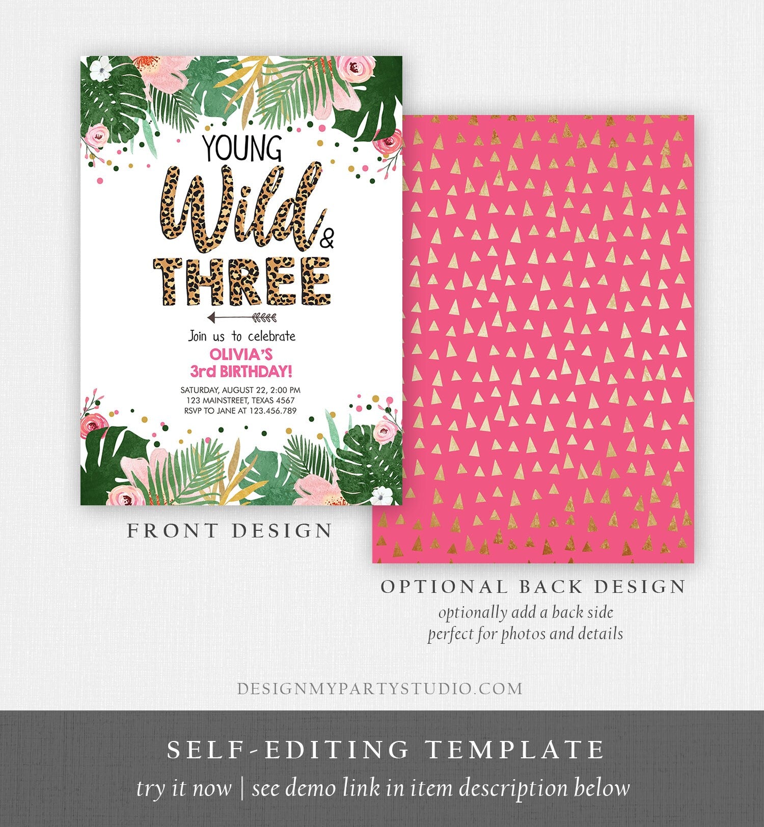 Editable Young Wild and Three Birthday Invitation Girl Tropical Safari Leopard Print Wild and Three Download Corjl Template Printable 0332