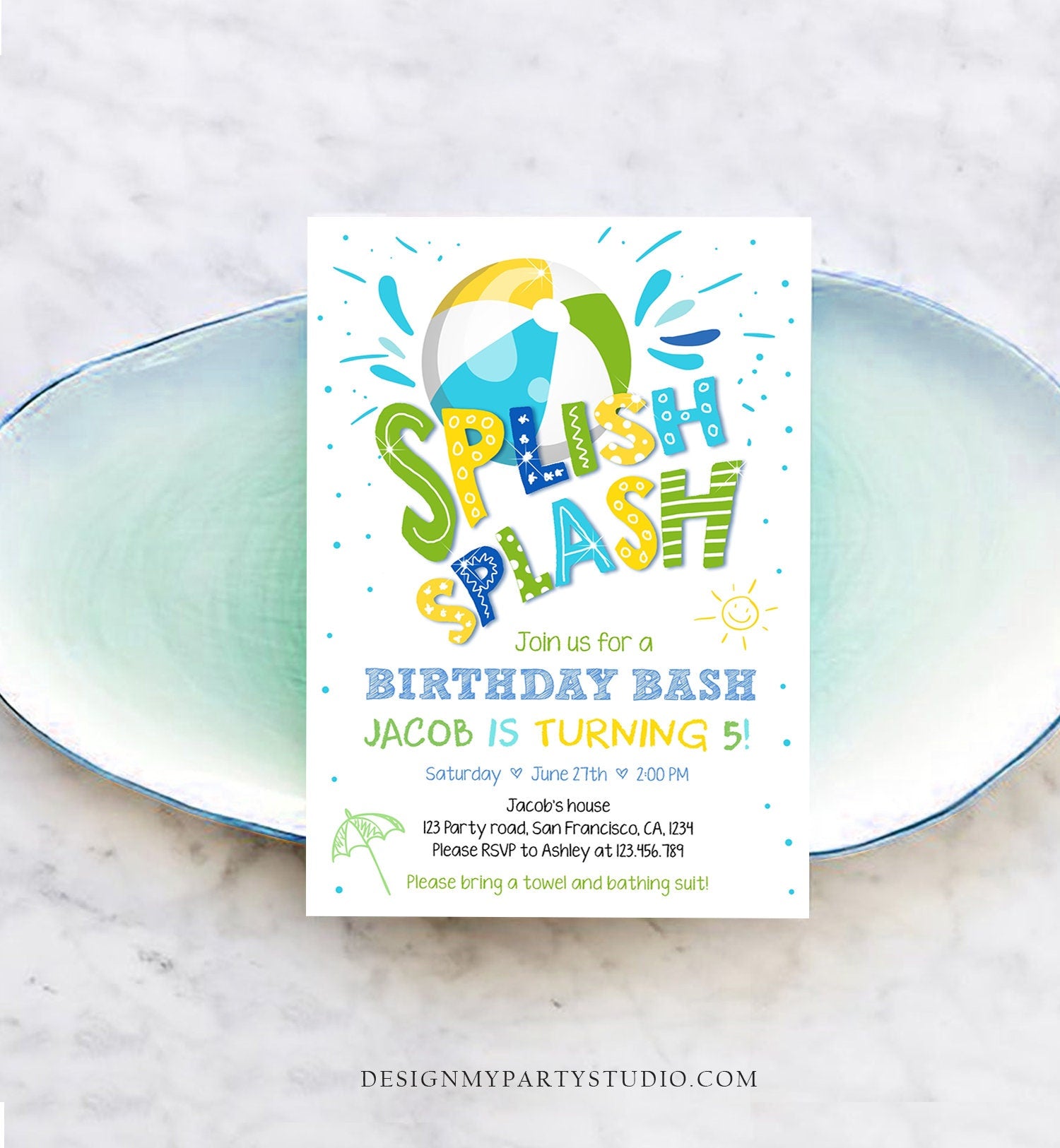 Editable Splish Splash Birthday Invitation Pool Party Boy Beach Ball Blue Green Birthday Bash Download Printable Invite Template Evite 0169