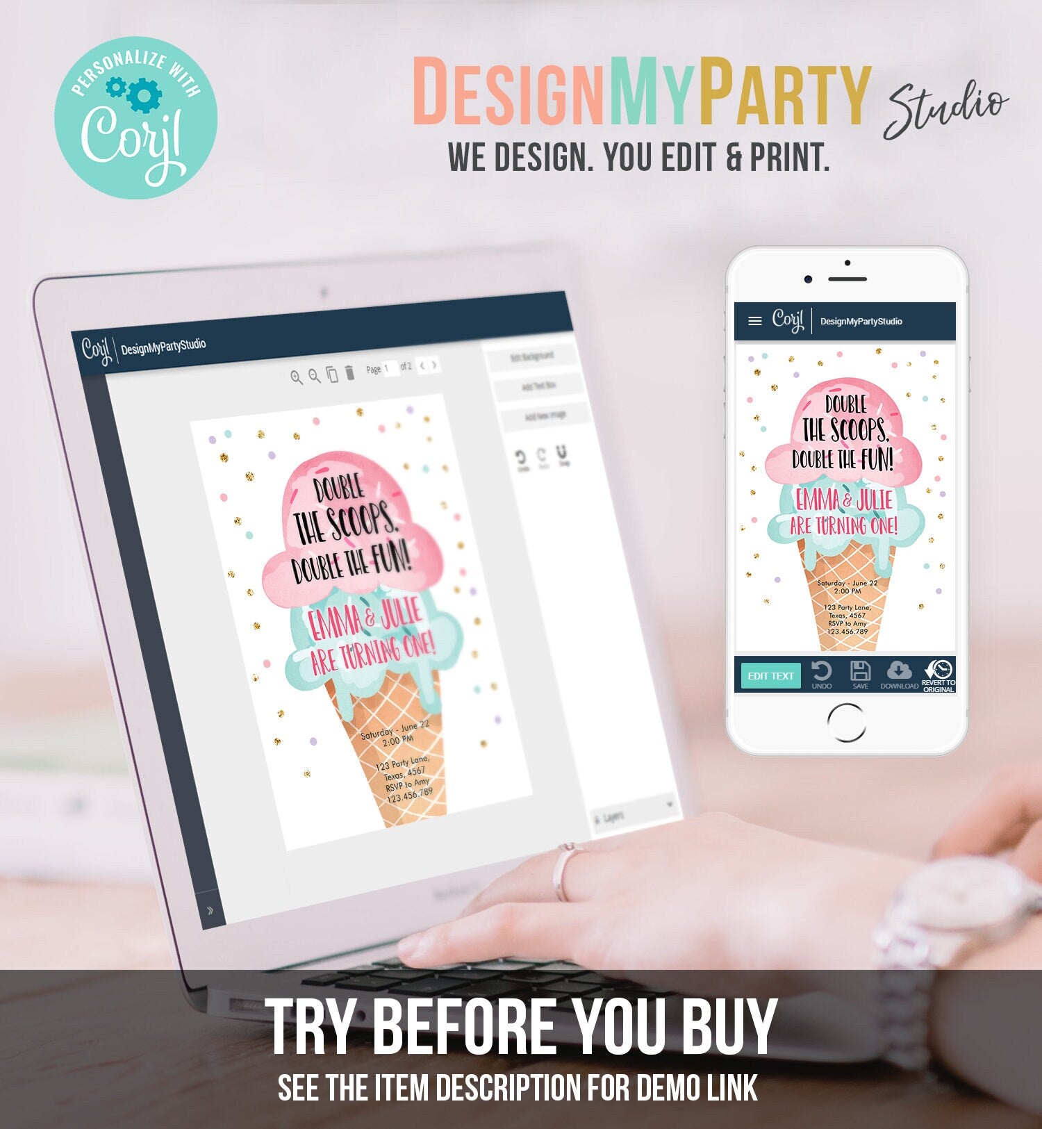 Editable Twin Ice Cream Birthday Invitation First Birthday Double the Scoops Double Fun Twins Pink Mint Gold Printable Template Corjl 0243