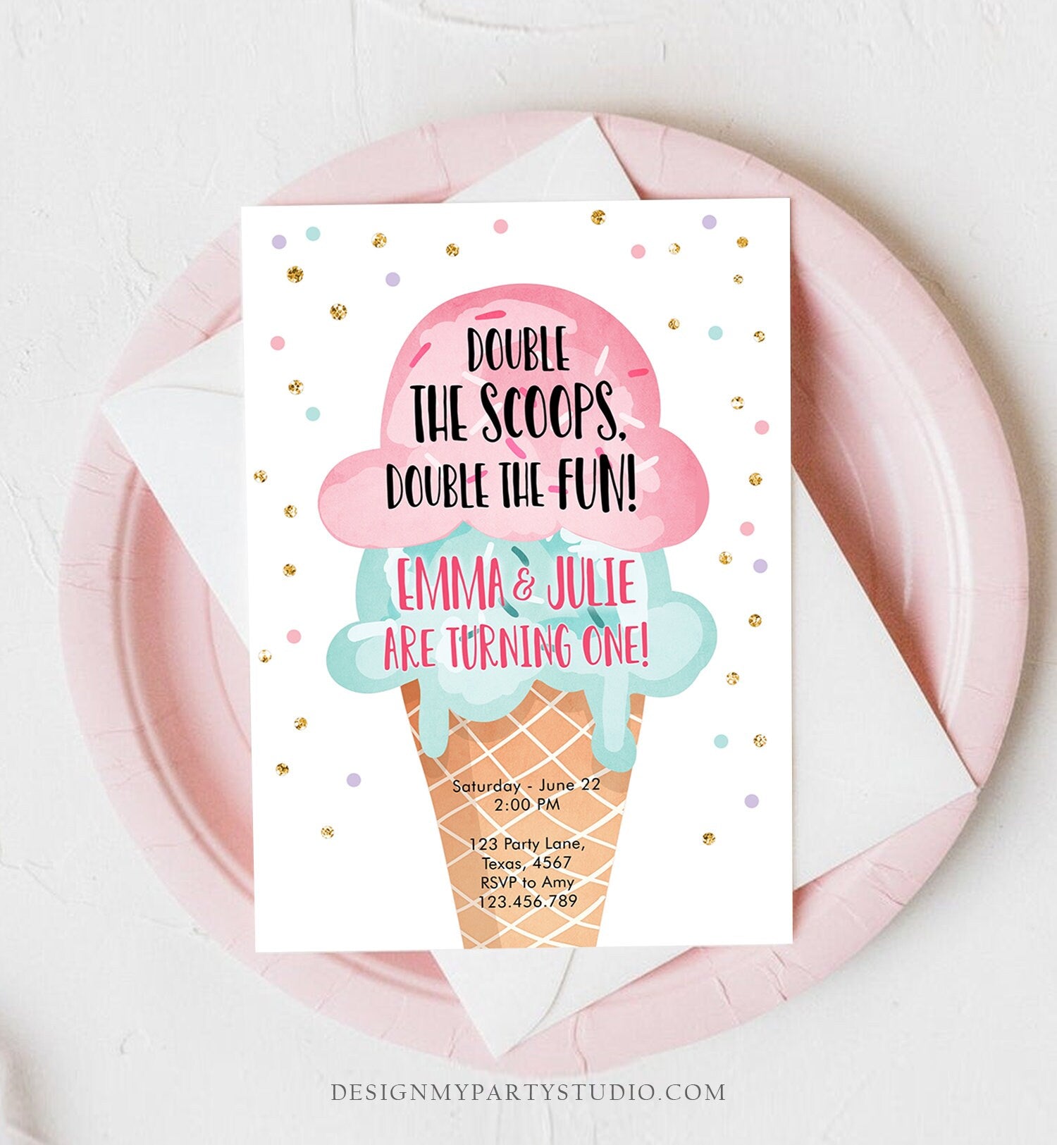Editable Twin Ice Cream Birthday Invitation First Birthday Double the Scoops Double Fun Twins Pink Mint Gold Printable Template Corjl 0243