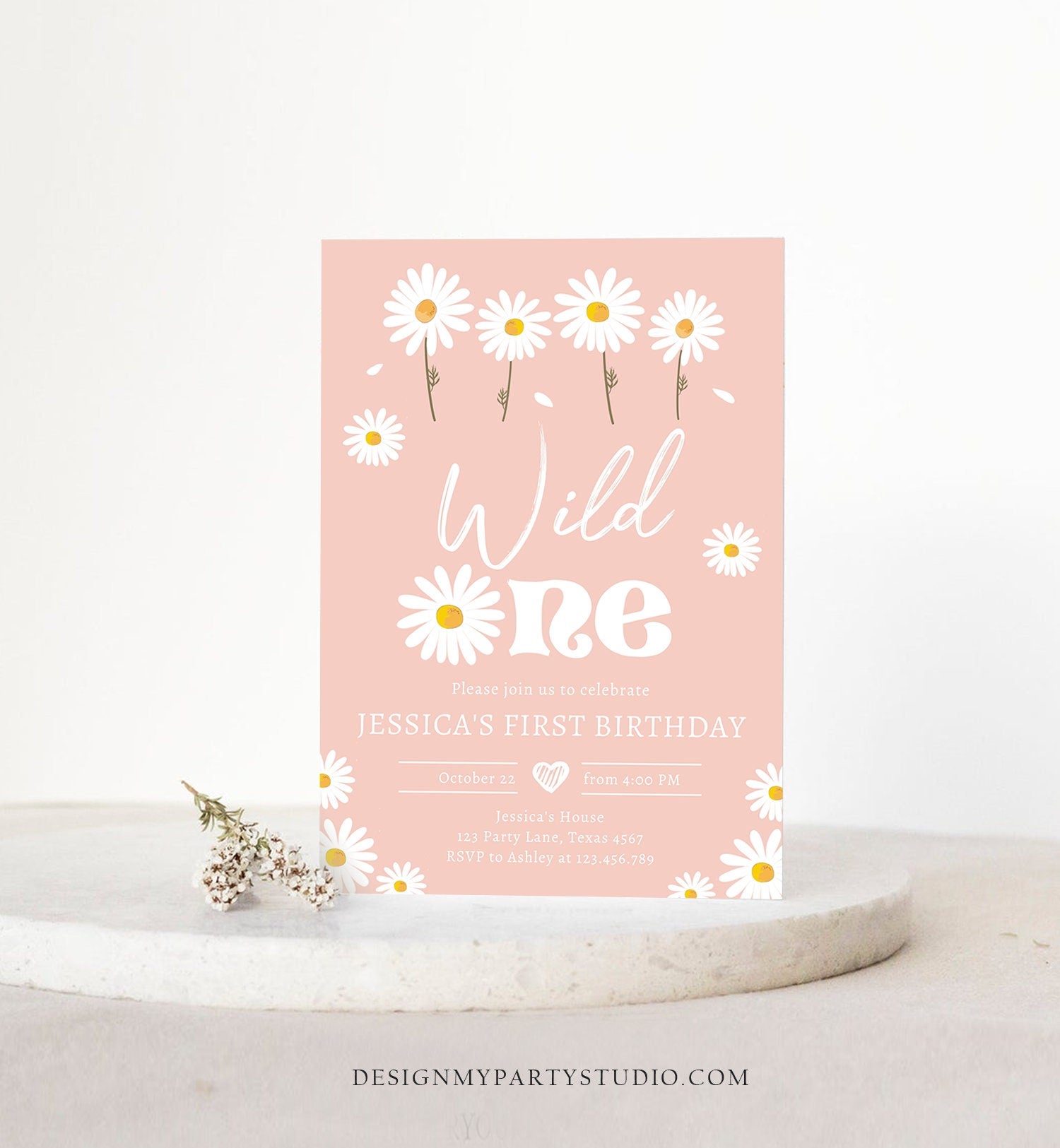 Editable Daisy Birthday Party Invitation Wild One Floral Girl Boho Pink First Birthday 1st Digital Download Evite Template Printable 0410