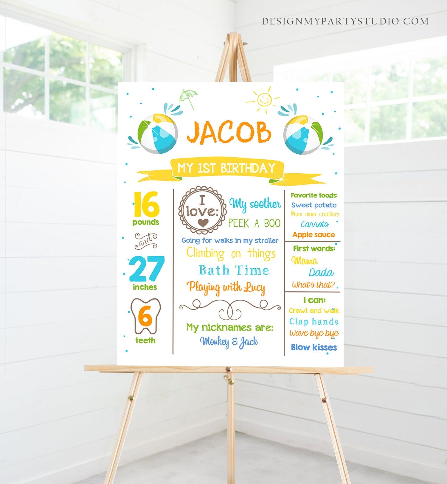 Editable Pool Party Birthday Milestones Poster Birthday Chalkboard Splish Splash Ball 1st Birthday Boy Download Printable Corjl 0169