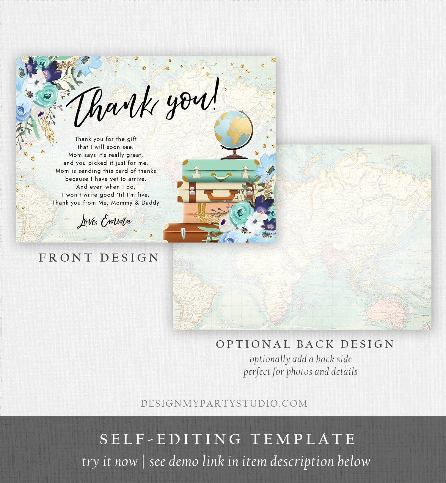 Editable Travel Thank You Card Bridal Shower Thank You Note Adventure Birthday Baby Shower Suitcases Blue Floral Map Template Printable 0030