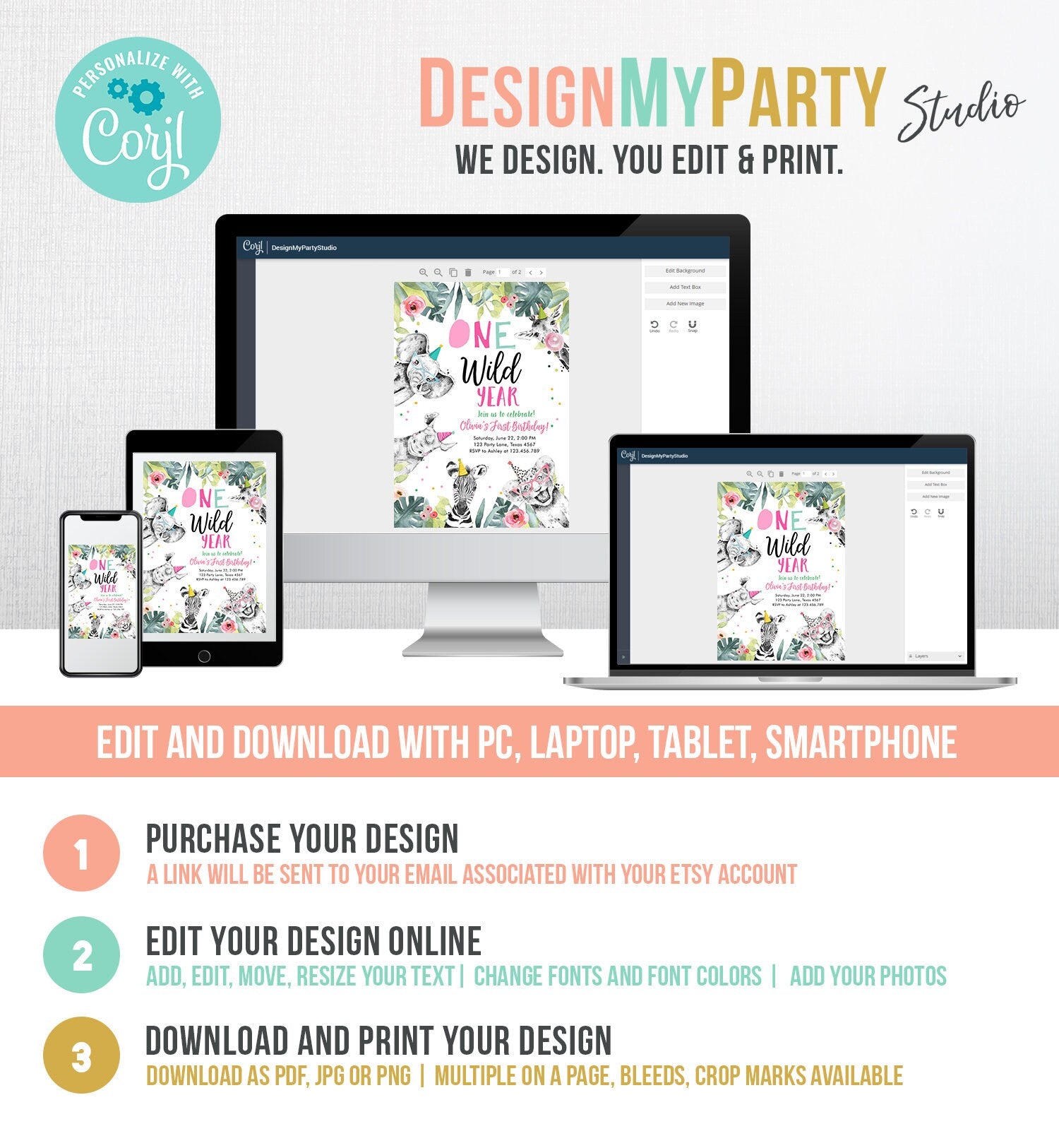 Editable One Wild Year Birthday Invitation Safari Party Animals Girl Pink First Birthday Wild One Monochrome Digital Template Printable 0322