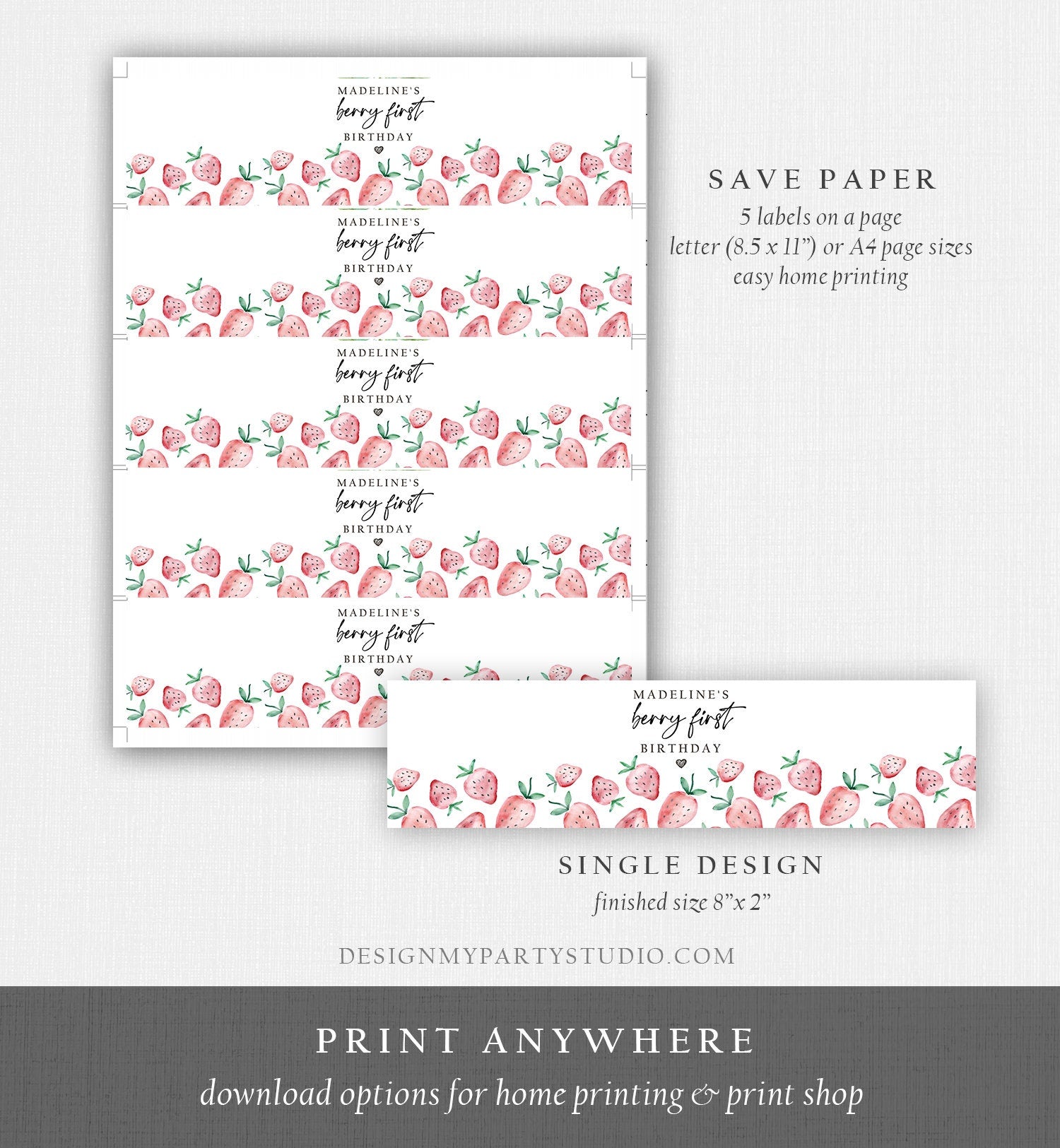 Editable Strawberry Water Bottle Label Strawberry Birthday Decor Berry Sweet 1st Birthday First Bottle Digital Template Printable 0399