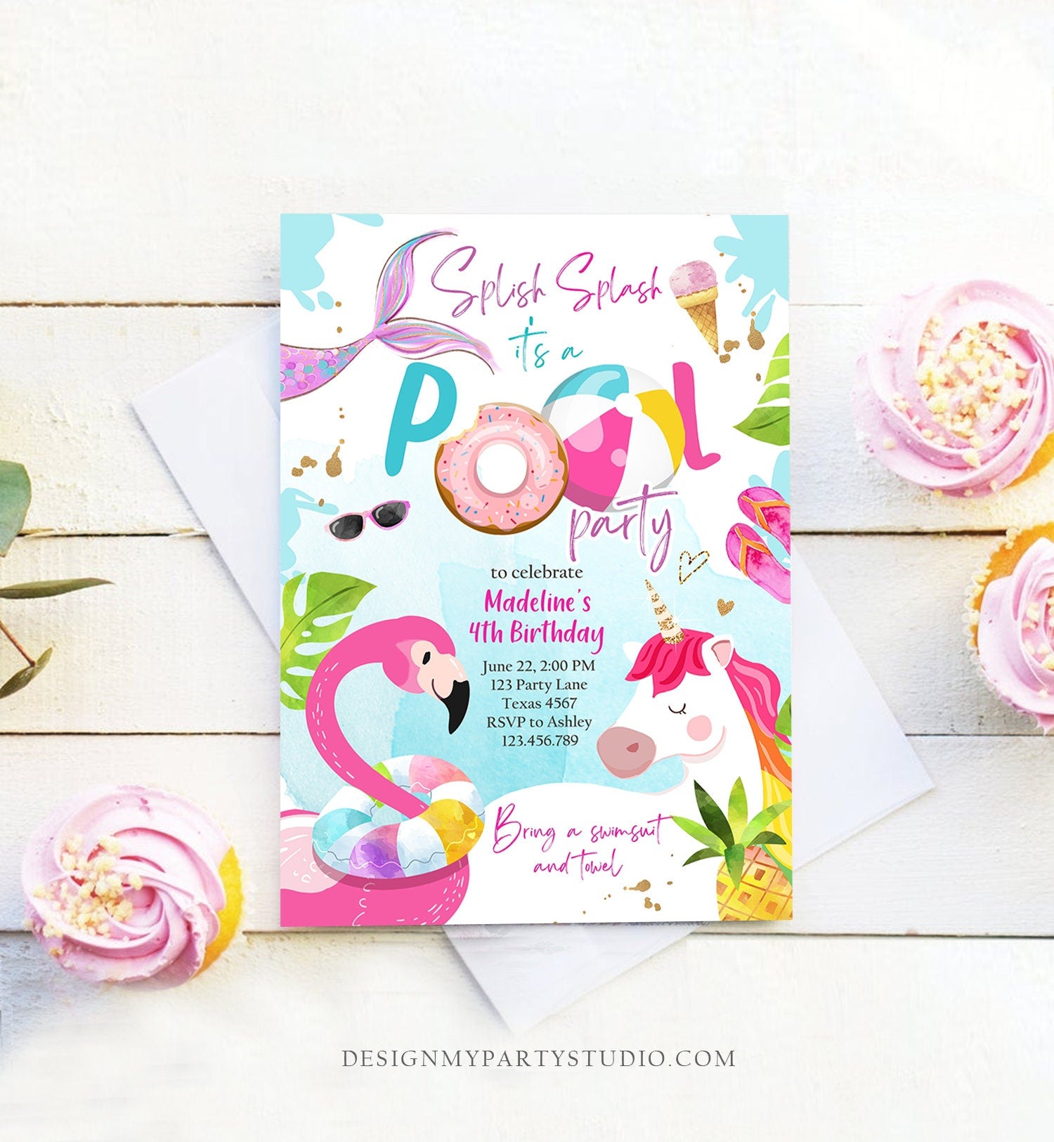 Editable Pool Party Invitation Pool Party Bash Invite Girl Pink Unicorn Float Flamingo Tropical Download Printable Template Corjl 0416