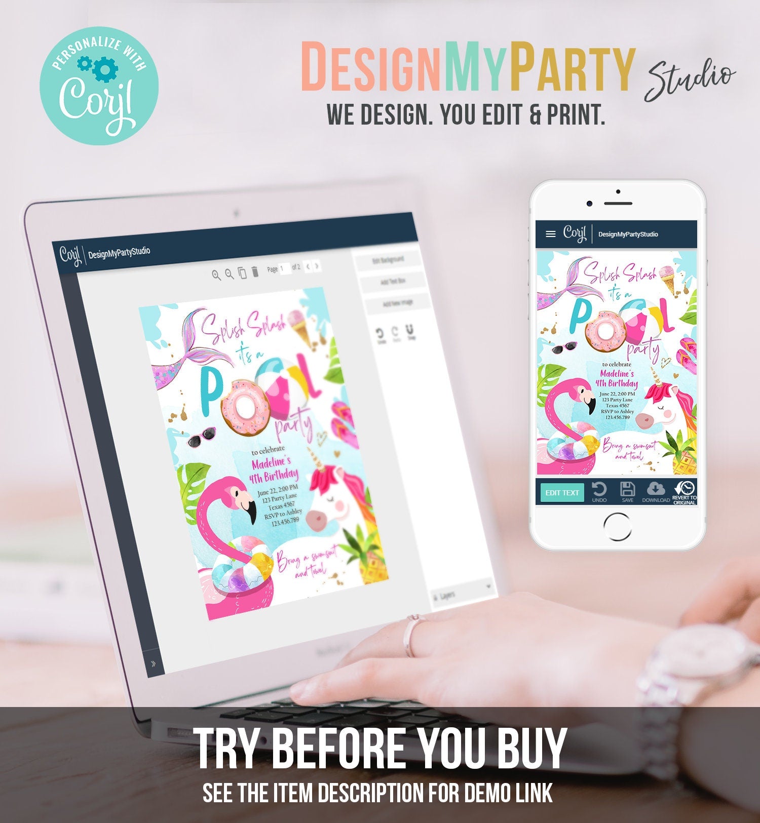 Editable Pool Party Invitation Pool Party Bash Invite Girl Pink Unicorn Float Flamingo Tropical Download Printable Template Corjl 0416