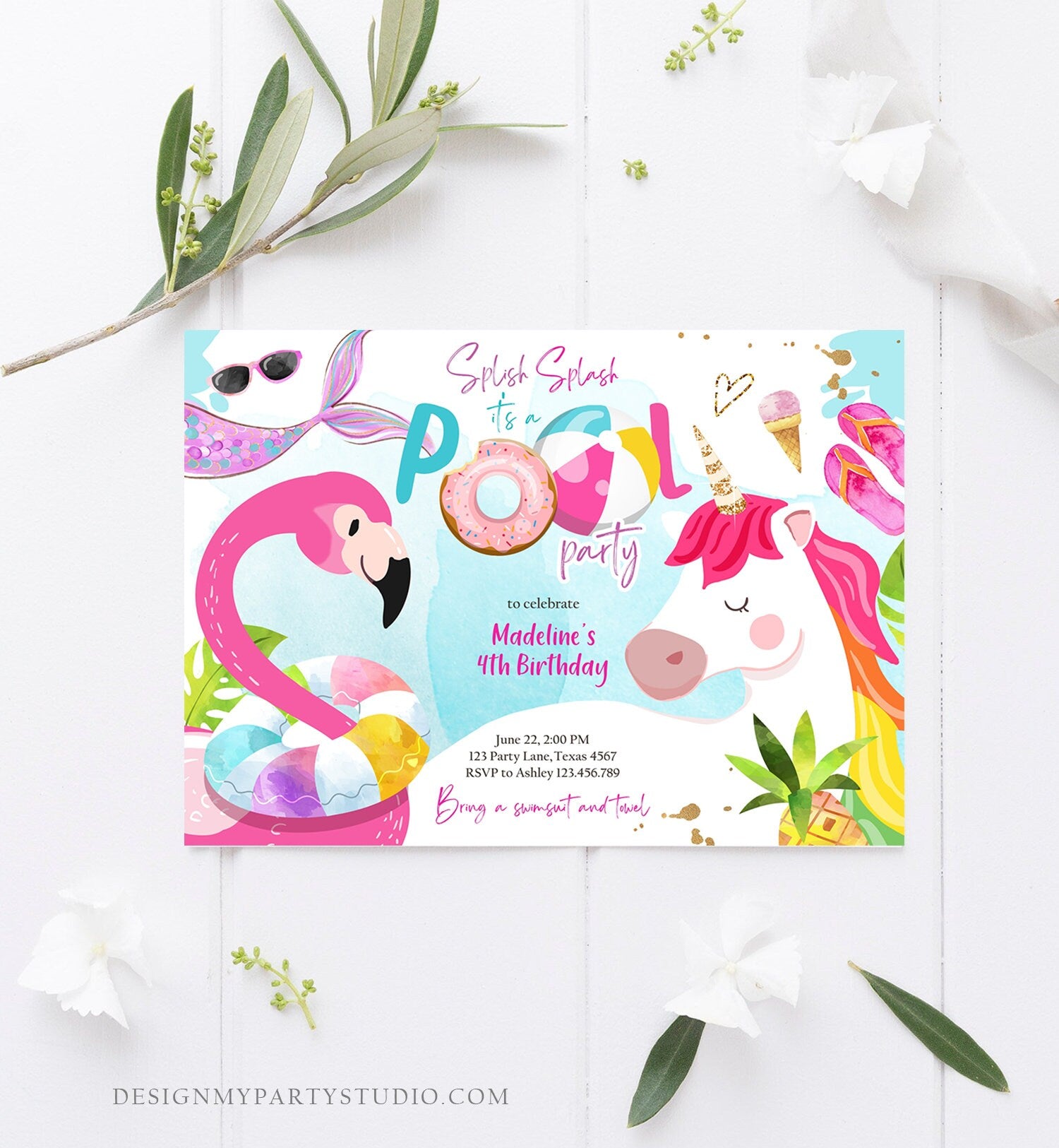 Editable Pool Party Invitation Pool Party Bash Invite Girl Pink Unicorn Float Flamingo Tropical Download Printable Template Corjl 0416