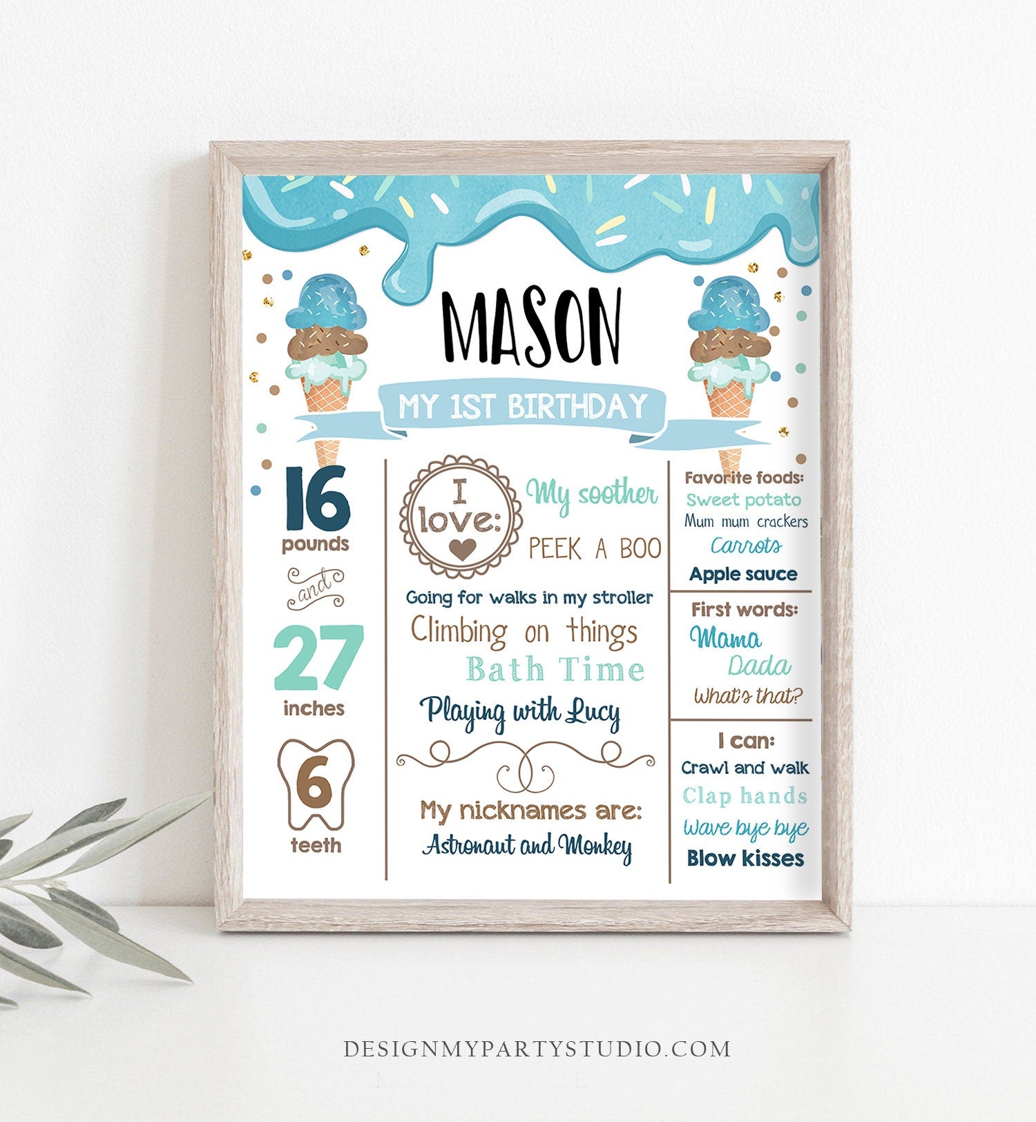 Editable Ice Cream Birthday Milestones Sign Boy First Birthday Sign 1st Firsts Cone Sweet One Poster Download Corjl Template Printable 0243