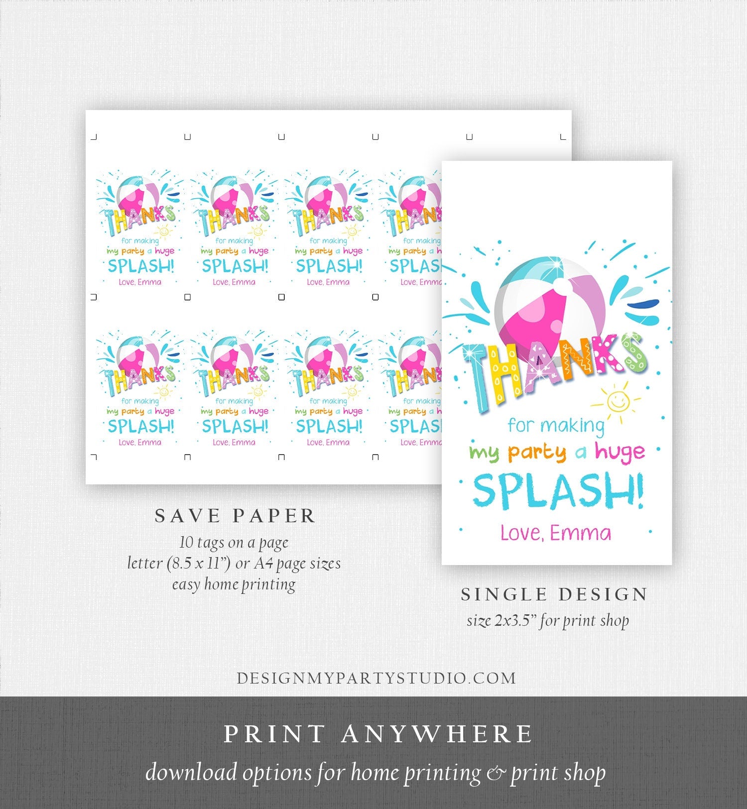 Editable Pool Party Favor Tag Splish Splash Birthday Bash Thank You Tag Girl Summer Beach Goodie Digital Download Template Printable 0169