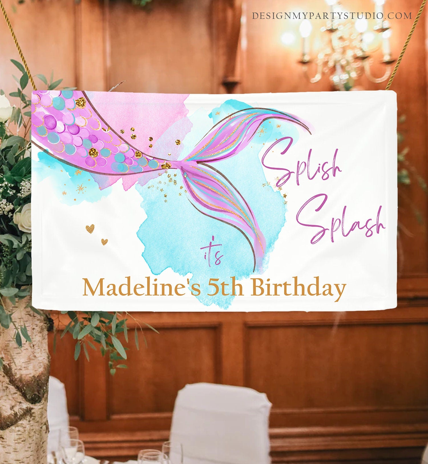 Editable Mermaid Backdrop Banner Mermaid Birthday Girl Pink Purple Gold Watercolor Under The Sea Digital Download Template Printable 0403