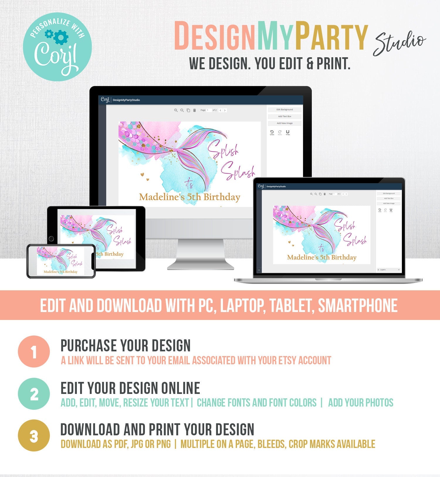 Editable Mermaid Backdrop Banner Mermaid Birthday Girl Pink Purple Gold Watercolor Under The Sea Digital Download Template Printable 0403