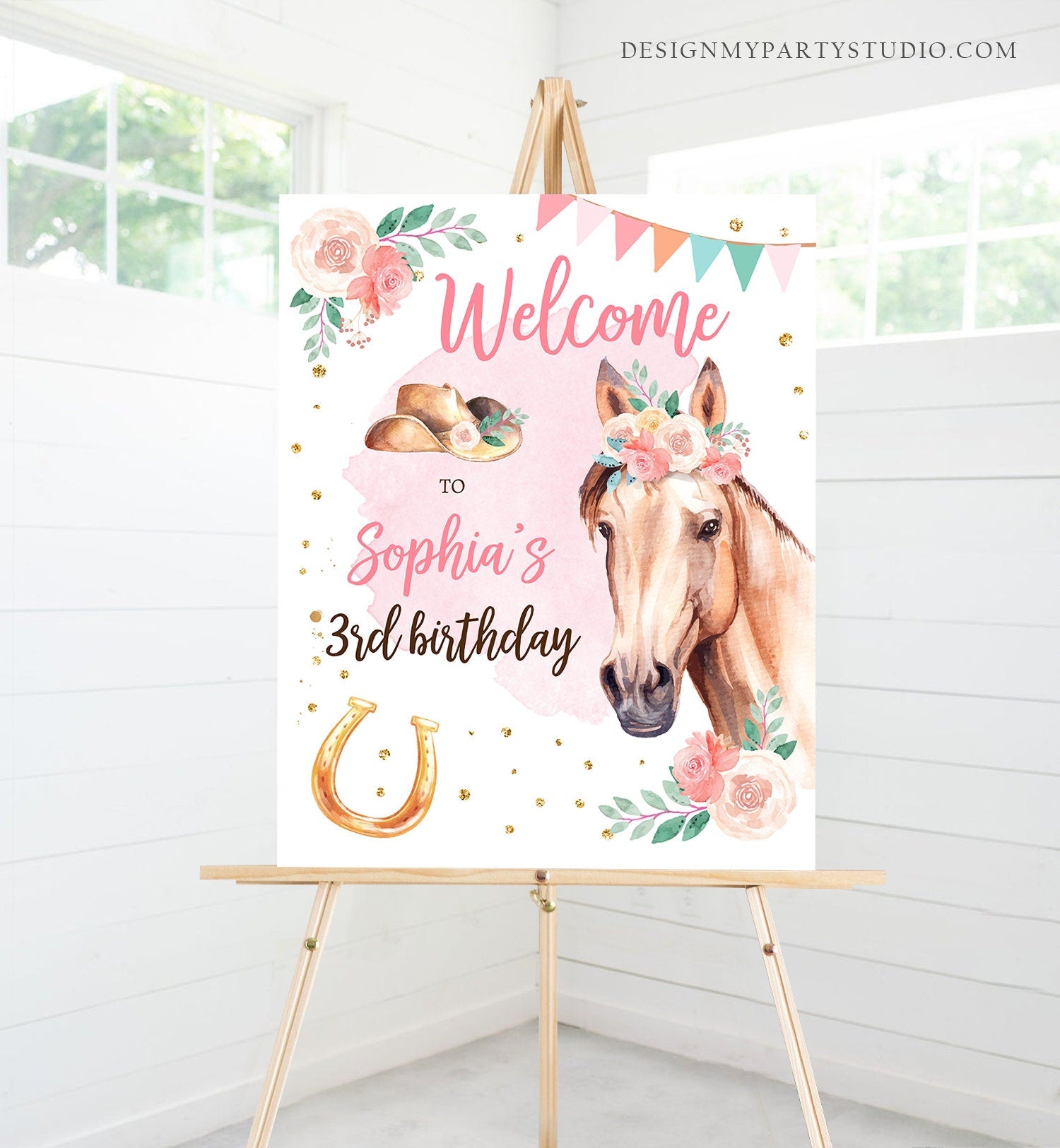 Editable Horse Birthday Welcome Sign Pony Birthday Welcome Sign Cowgirl Party Floral Girl Horse Party Download Template Corjl PRINTABLE 0398