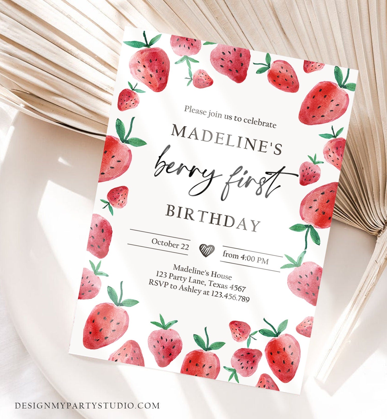 Editable Strawberry Birthday Invitation First Birthday Berry Sweet Girl Cute Strawberries 1st Digital Download Template Printable 0399