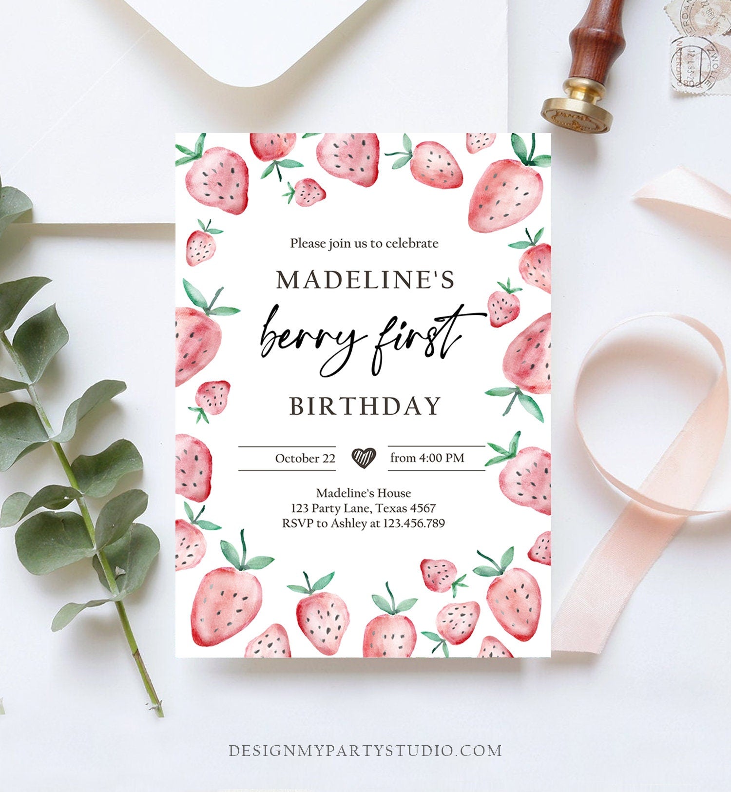 Editable Strawberry Birthday Invitation First Birthday Berry Sweet Girl Cute Strawberries 1st Digital Download Evite Template Printable 0399