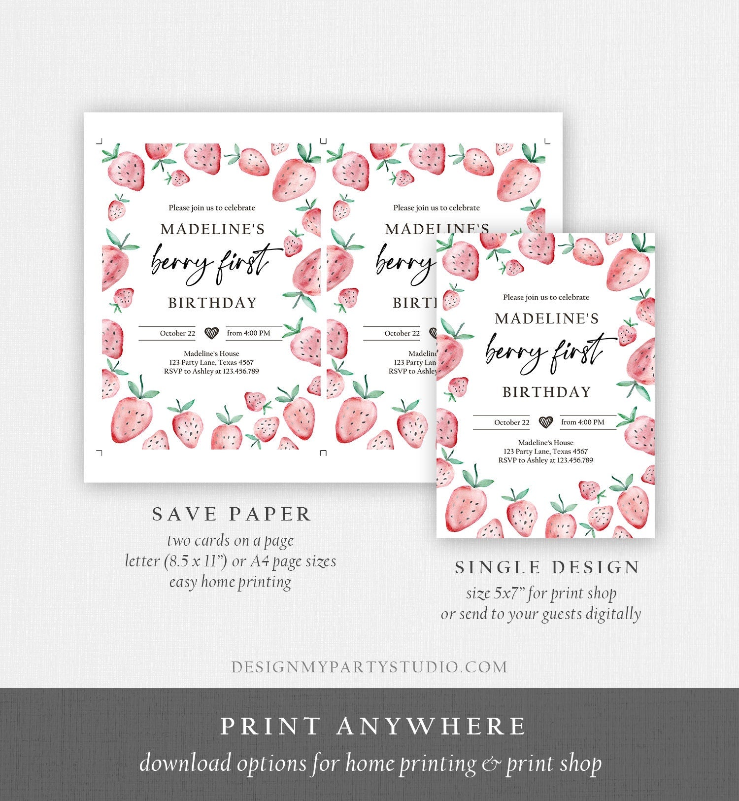 Editable Strawberry Birthday Invitation First Birthday Berry Sweet Girl Cute Strawberries 1st Digital Download Evite Template Printable 0399