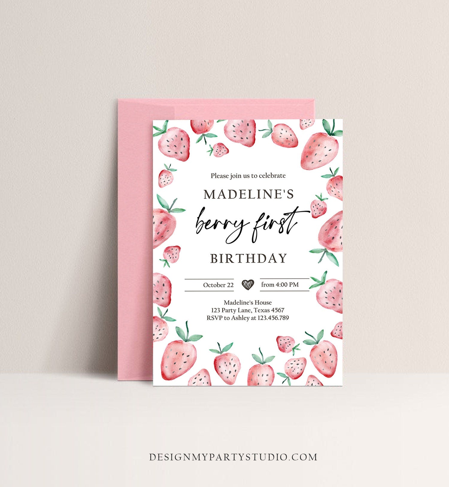 Editable Strawberry Birthday Invitation First Birthday Berry Sweet Girl Cute Strawberries 1st Digital Download Evite Template Printable 0399