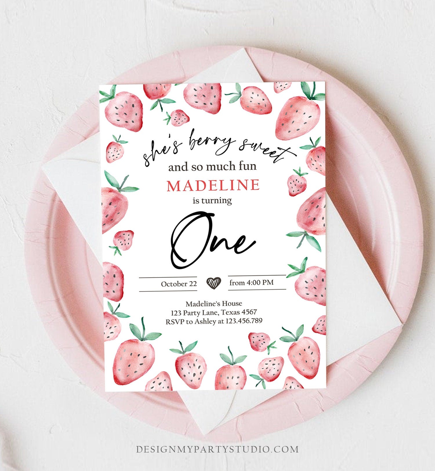 Editable Strawberry Birthday Invitation First Birthday Berry Sweet Girl Cute Strawberries 1st Download Printable Template Corjl Digital 0399