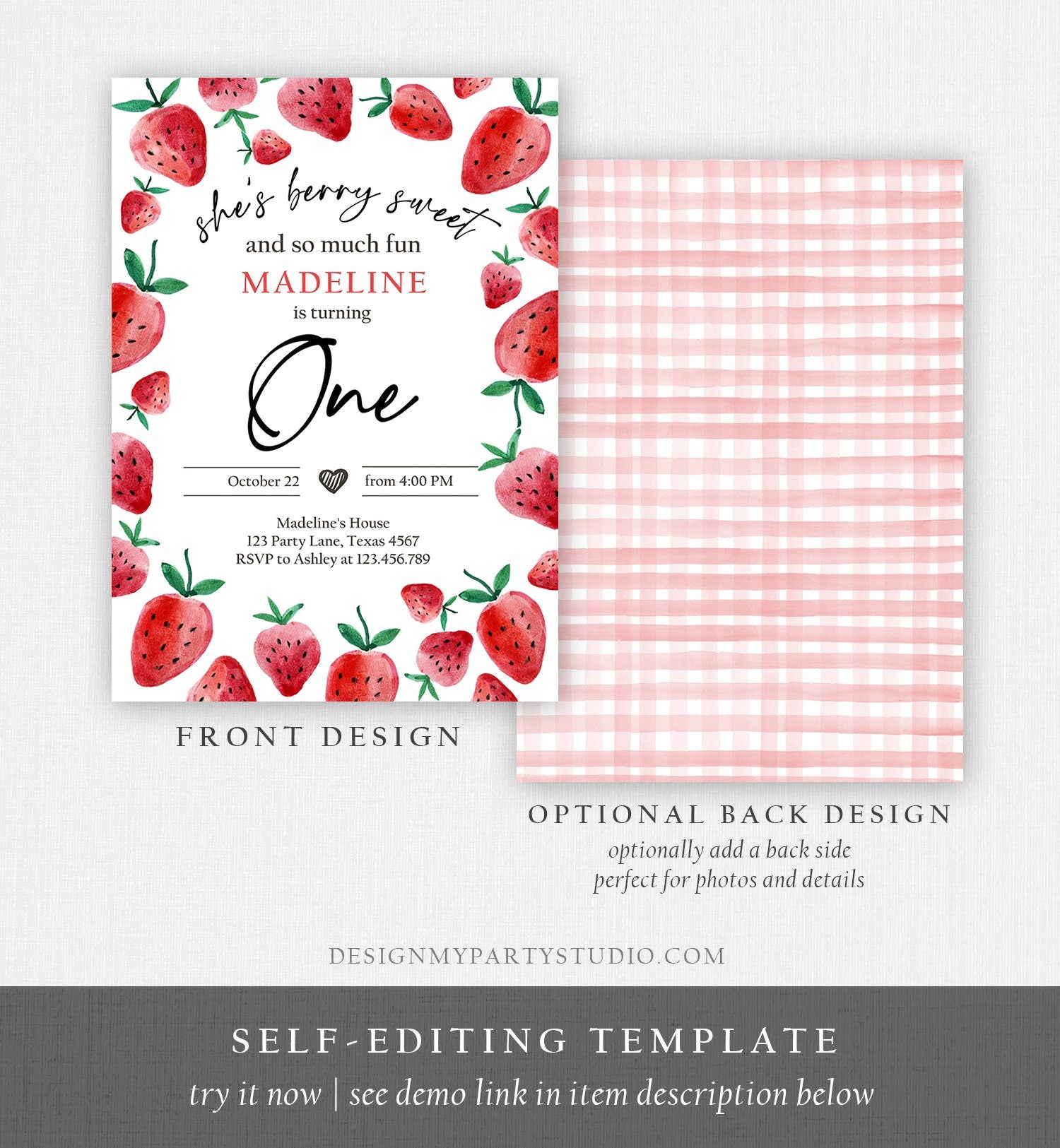 Editable Strawberry Birthday Invitation First Birthday Berry Sweet Girl Cute Strawberries 1st Download Printable Template Corjl Digital 0399