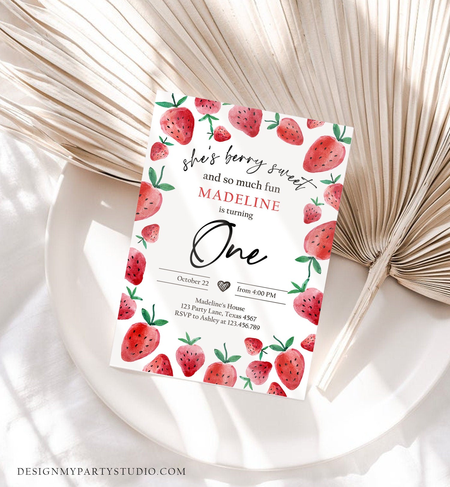 Editable Strawberry Birthday Invitation First Birthday Berry Sweet Girl Cute Strawberries 1st Download Printable Template Corjl Digital 0399