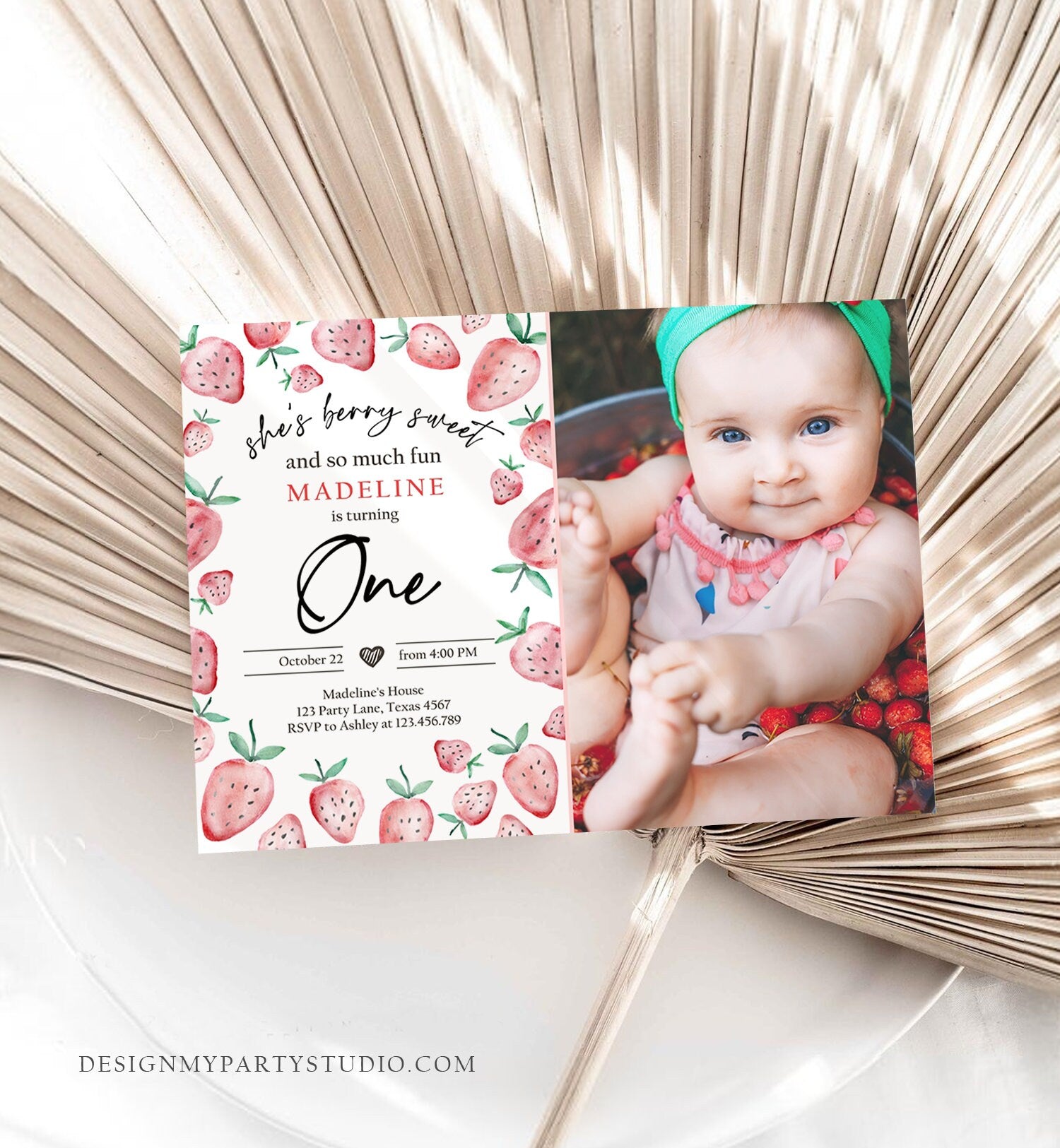 Editable Strawberry Birthday Invitation First Birthday Berry Sweet Girl Cute Strawberries 1st Download Printable Template Corjl Digital 0399