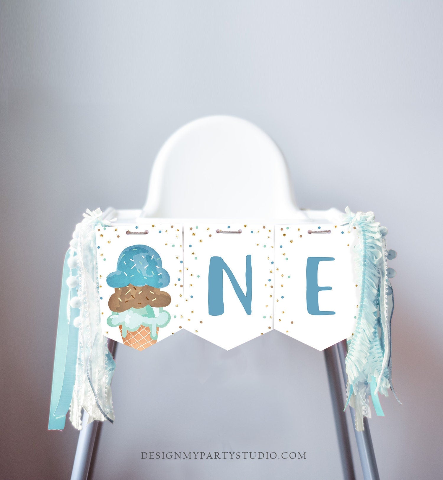 Ice Cream High Chair Banner Blue Mint Boy Ice Cream 1st First Birthday Boy High Chair ONE Banner Party Summer Scoop Printable Digital 0243