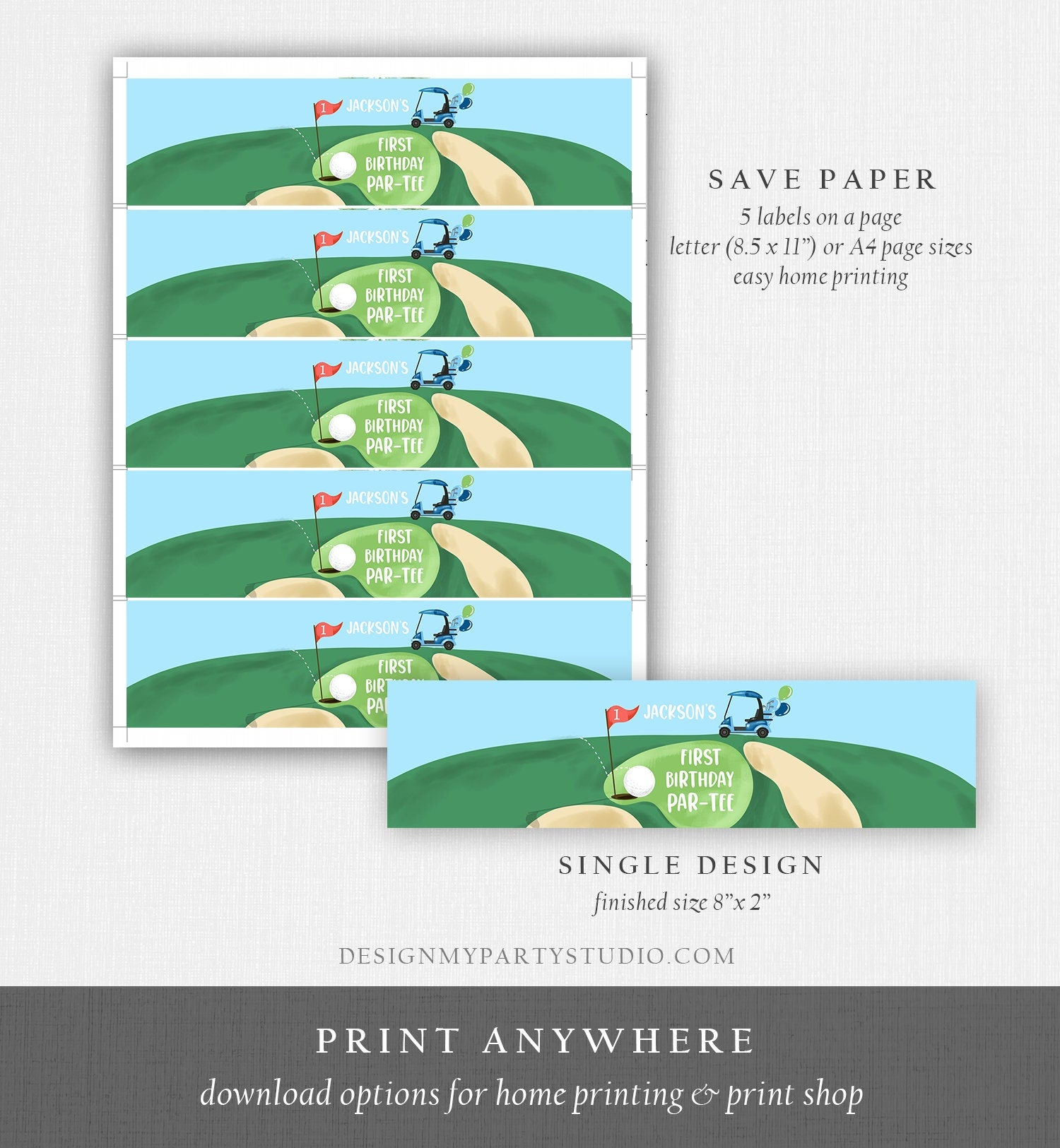 Editable Golf Water Bottle Labels Golf Birthday Party Hole in One Decor Boy Par-tee Golfing Blue Printable Bottle Labels Template Corjl 0405