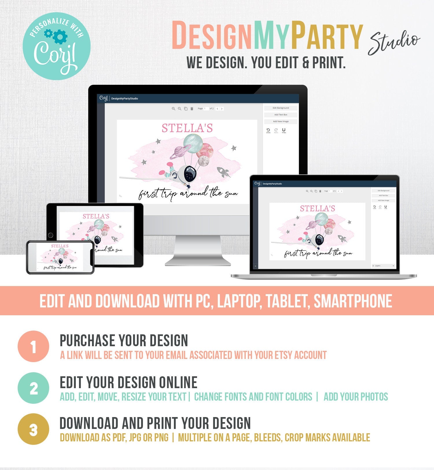 Editable Outer Space Backdrop Banner Space Birthday Girl First Trip Around the Sun Galaxy Planets Digital Download Template Printable 0366