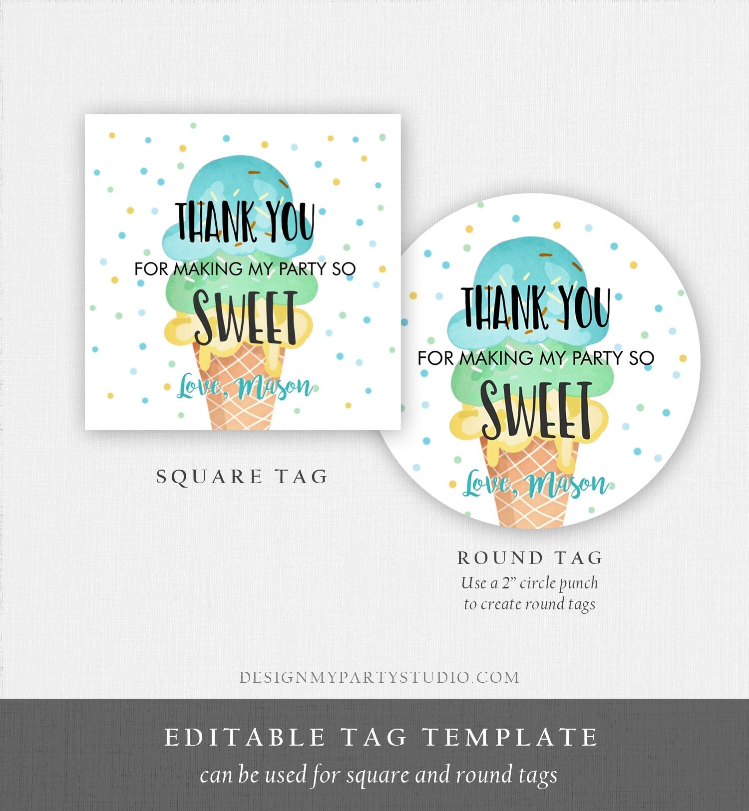Editable Ice Cream Thank you Tags Round Ice Cream Stickers Ice Cream Birthday Boy Blue Mint Ice Cream Social Favor Tags Template Corjl 0243