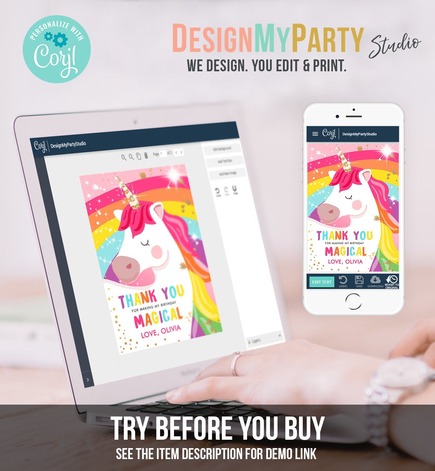 Editable Unicorn Thank You Card Magical Birthday Party Rainbow Thank You Note Pink Gold Girl Unicorn Digital Template Printable 0323