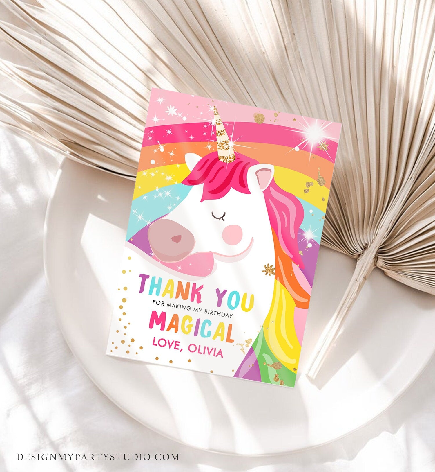 Editable Unicorn Thank You Card Magical Birthday Party Rainbow Thank You Note Pink Gold Girl Unicorn Digital Template Printable 0323