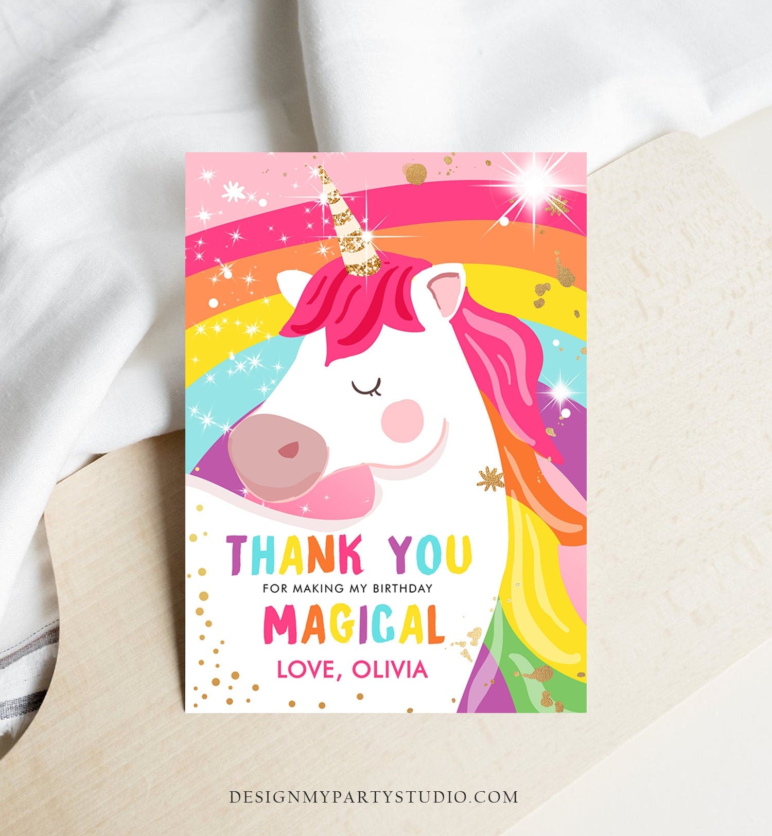 Editable Unicorn Thank You Card Magical Birthday Party Rainbow Thank You Note Pink Gold Girl Unicorn Digital Template Printable 0323