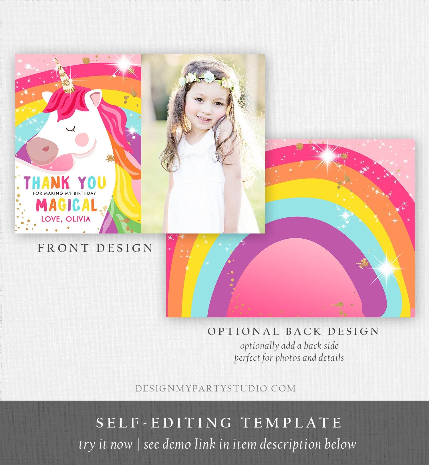Editable Unicorn Thank You Card Magical Birthday Party Rainbow Thank You Note Pink Girl Photo Unicorn Digital Template Printable 0323