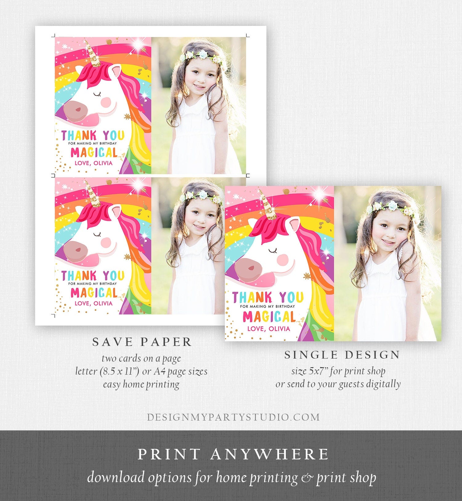 Editable Unicorn Thank You Card Magical Birthday Party Rainbow Thank You Note Pink Girl Photo Unicorn Digital Template Printable 0323