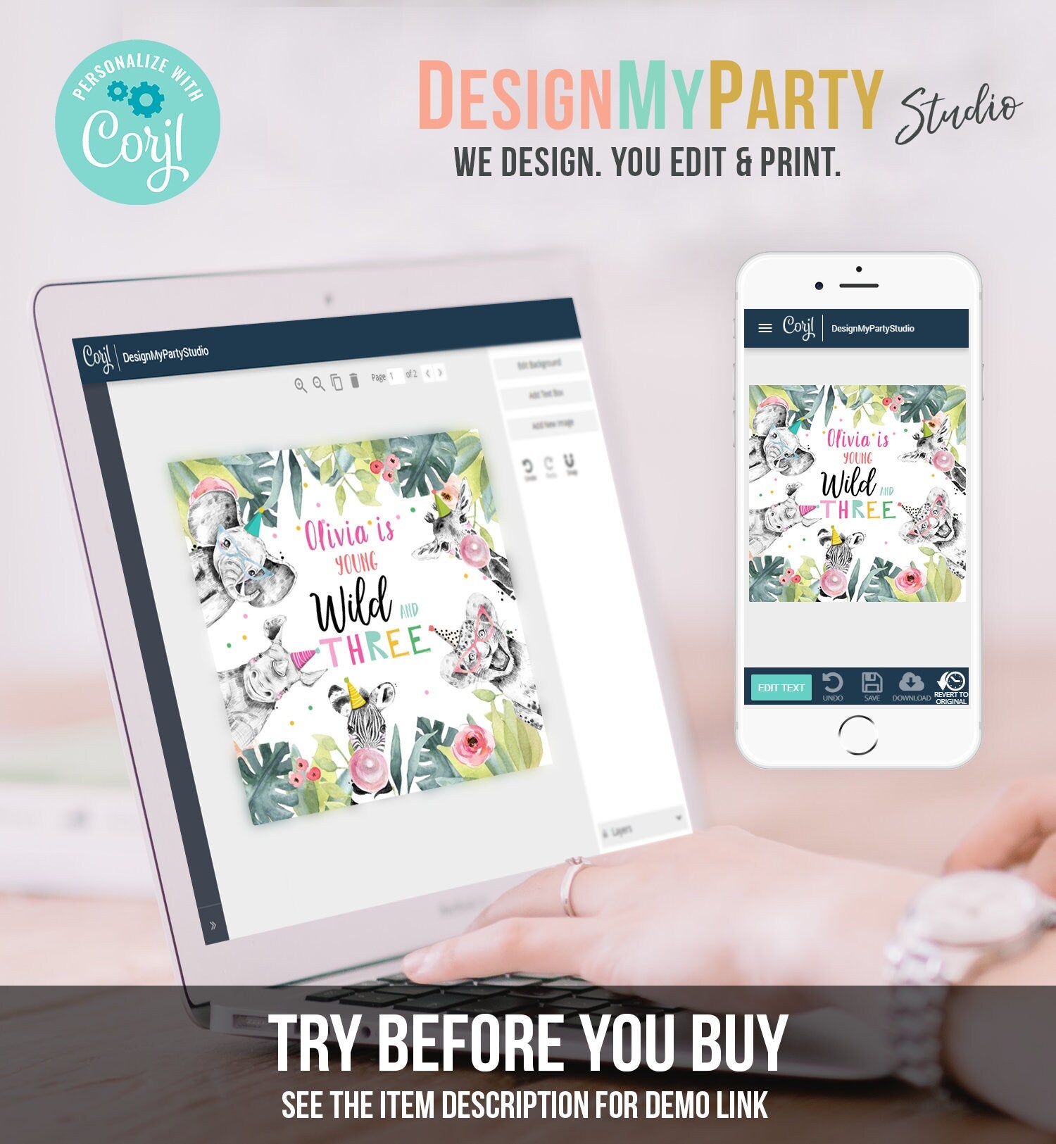 Editable Party Animals Young Wild and Three Favor tags 3rd Birthday Safari Animals Zoo Birthday Wild Time Stickers Zoo Template Corjl 0322