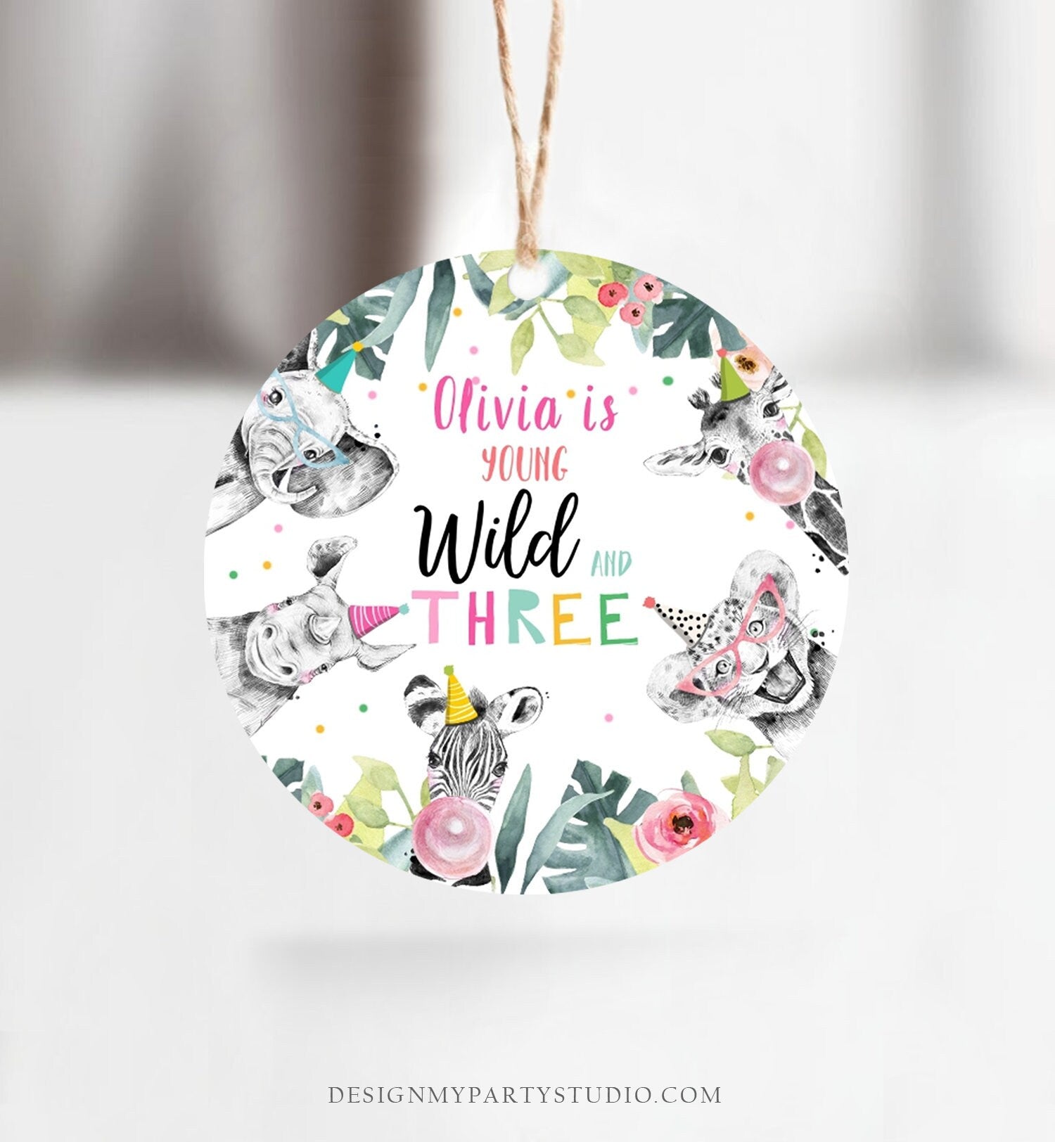 Editable Party Animals Young Wild and Three Favor tags 3rd Birthday Safari Animals Zoo Birthday Wild Time Stickers Zoo Template Corjl 0322