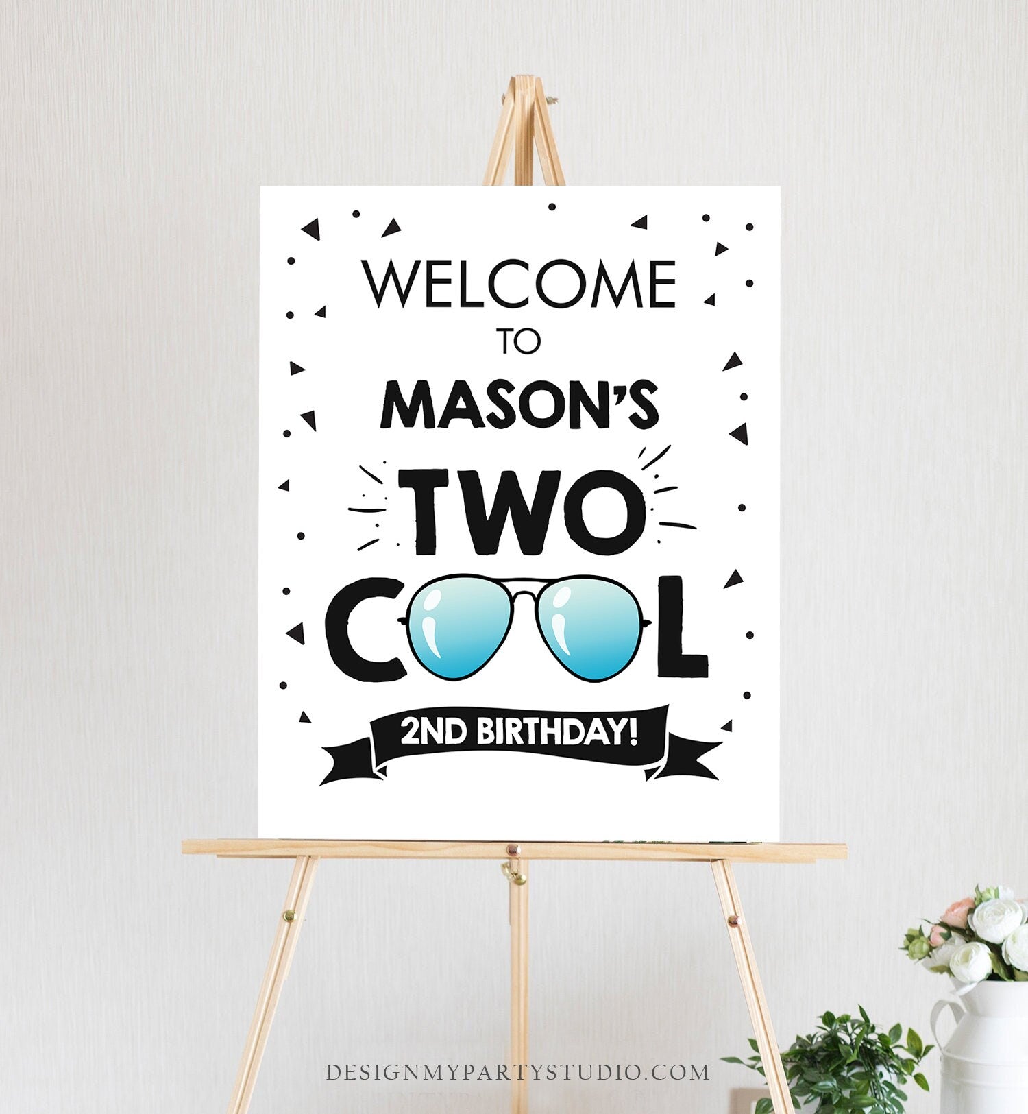 Editable Two Cool Birthday Party Welcome Sign Boy Second Birthday I'm This Many Pilot Sunglasses Blue Corjl Template Printable 0136