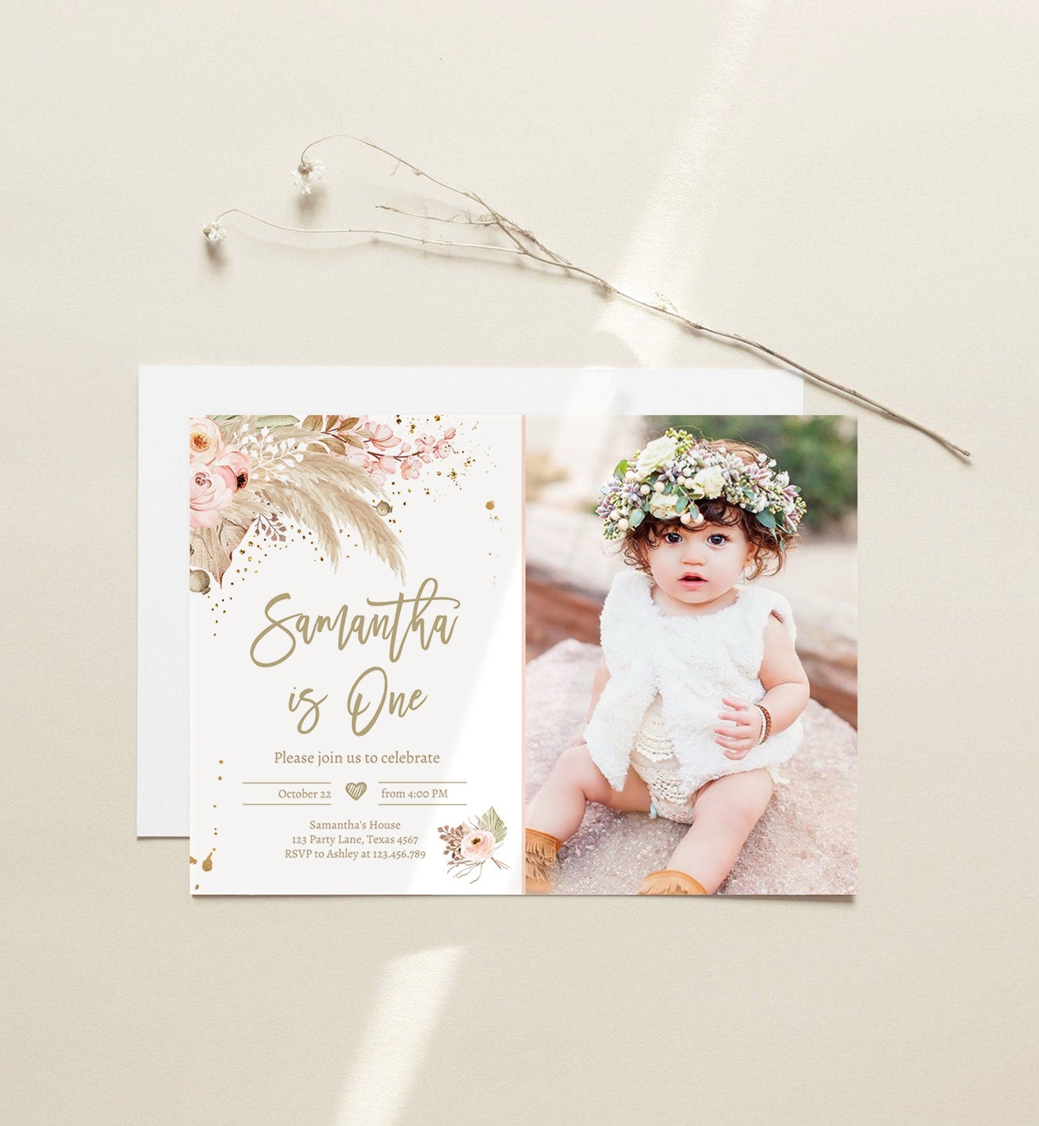 Editable Pampas Grass Birthday Invitation Boho Birthday Invite Bohemian Girl Muted Rustic Download Printable Invitation Template Evite 0395