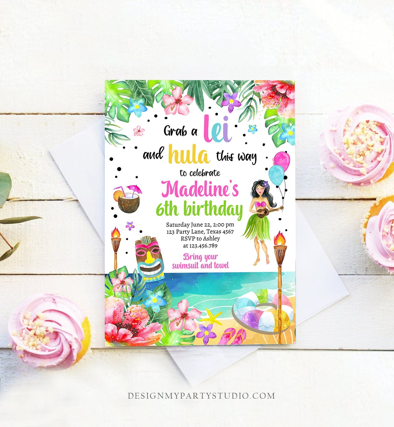 Editable Hawaiian Luau Birthday Invitation Tropical Pool Party Luau Party Hawaiian Hawaii Digital Download Evite Template Printable 0412