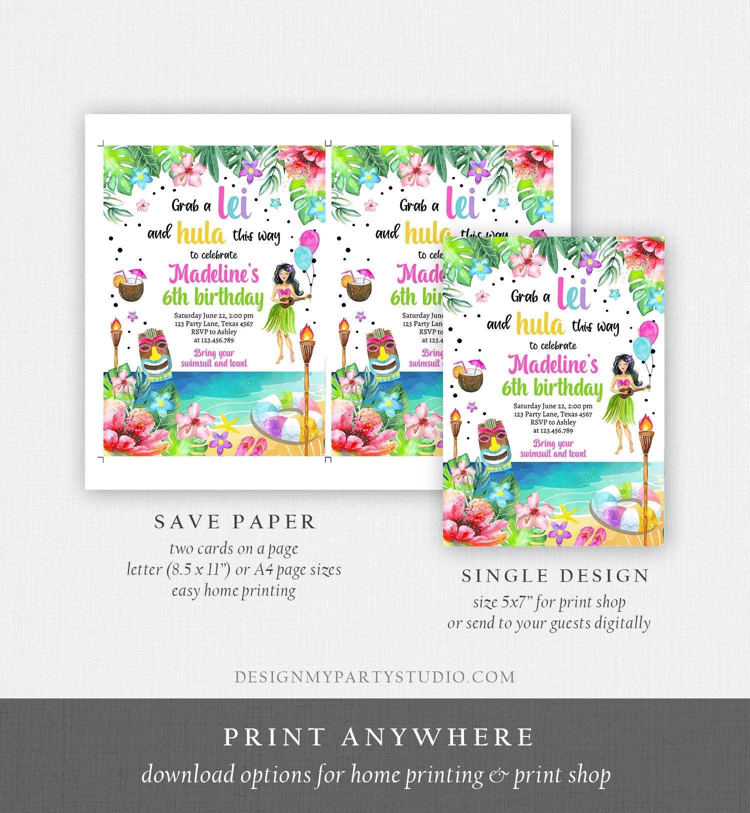 Editable Hawaiian Luau Birthday Invitation Tropical Pool Party Luau Party Hawaiian Hawaii Digital Download Evite Template Printable 0412